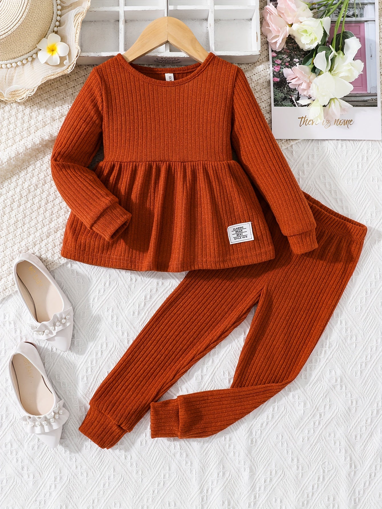 Girls 2pcs Ruffle Decor Top & Elastic Waist Pants Solid Color Patched Ribbed Crew Neck Long Sleeve Pullover Top Casual Kids Clothes Spring Fall