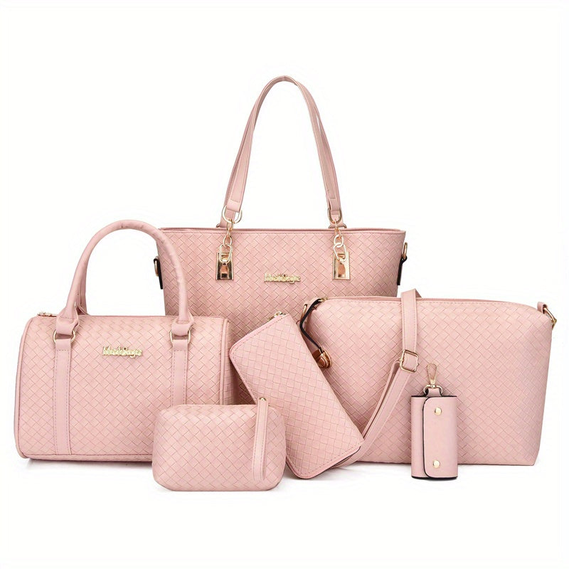 6pcs Geometric Pattern Tote Bag Set, Fashion Faux Leather Handbag & Crossbody Bag & Clutch Wallet & Wristlet & Key Case