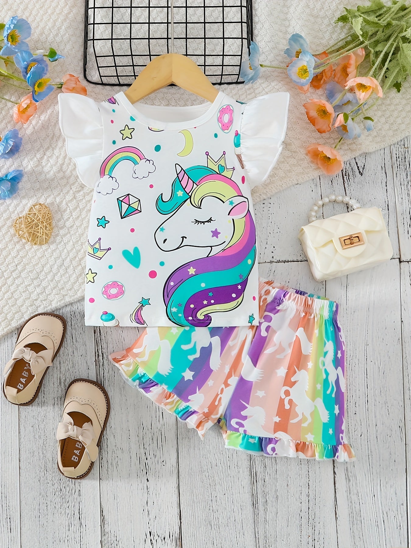 2pcs Girls Ruffle Trim Cute Cartoon Unicorn Graphic T-shirt Top & Ruffled Hem Elastic Waist Shorts Set Kids Summer Clothes