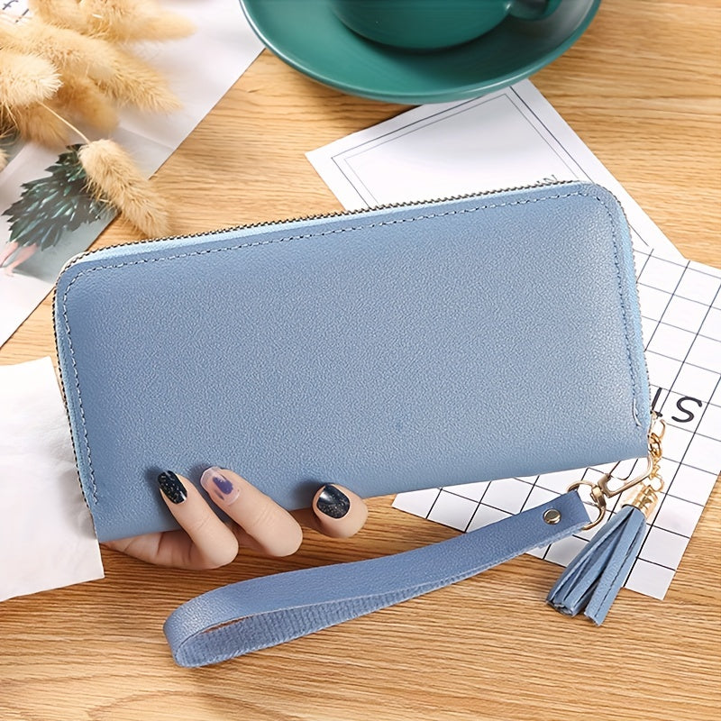 Women's Colorblock Long Wallet, Zipper Around Coin Purse, Classic Purse With Wristband