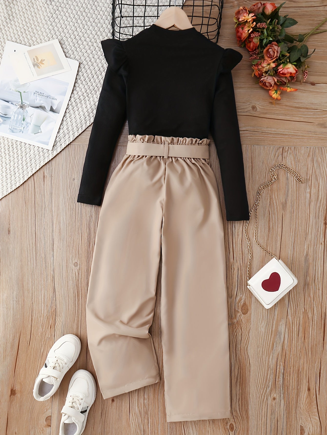 Girl's Trendy Outfit 2pcs, Ribbed Top & Wide Leg Pants Set, Kid's Clothes For Spring Fall