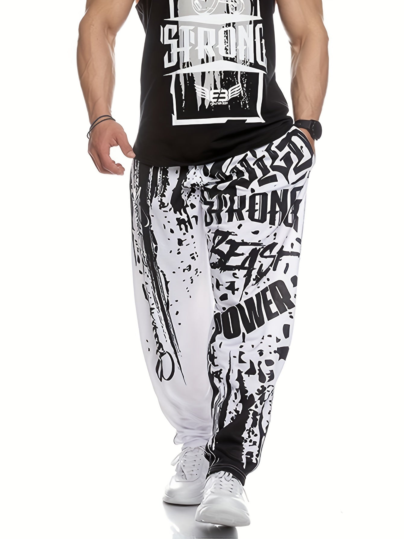 Trendy Loose Fit Printed Joggers, Men's Casual Street Style Stretch Sweatpants For Spring Fall