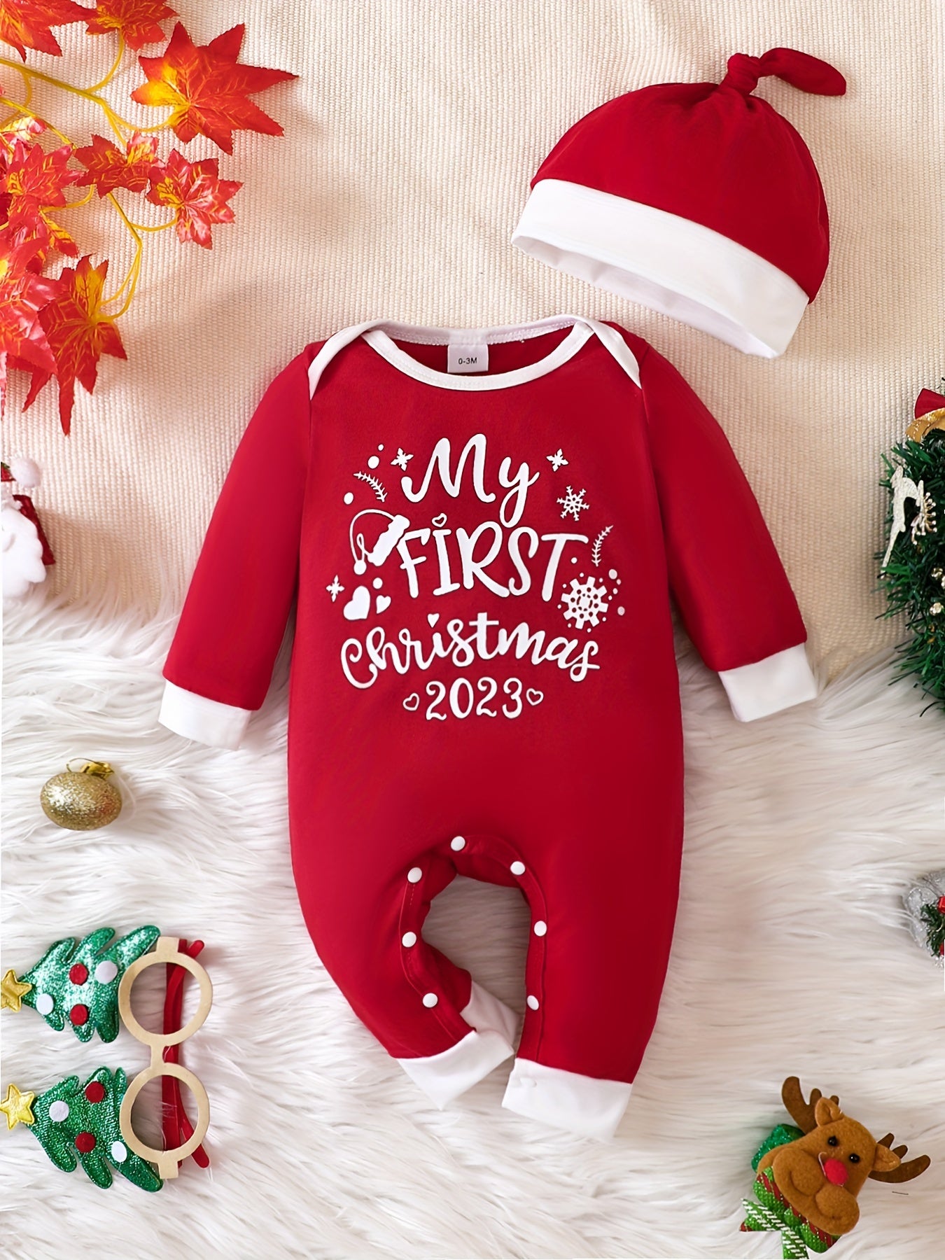 My First Christmas Print Cute Jumpsuit & Hat Set, Toddler Baby Boys Girls Clothes Autumn And Winter