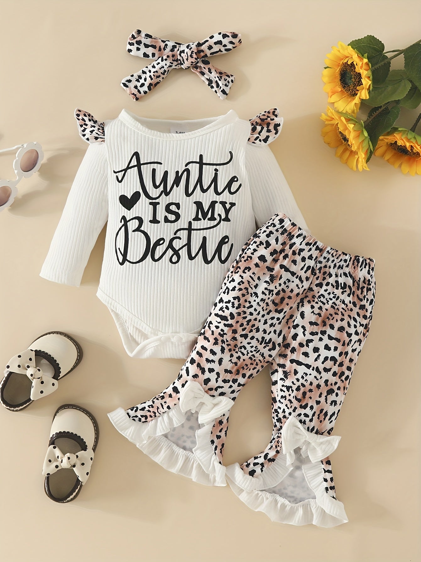 3pcs Baby Girls Stylish Outfits - Long Sleeve Ruffle Letter "Auntie Is My Bestie" Print Triangle Bodysuit & Leopard Print Slit Flared Pants & Hairband Set For Fall Winter