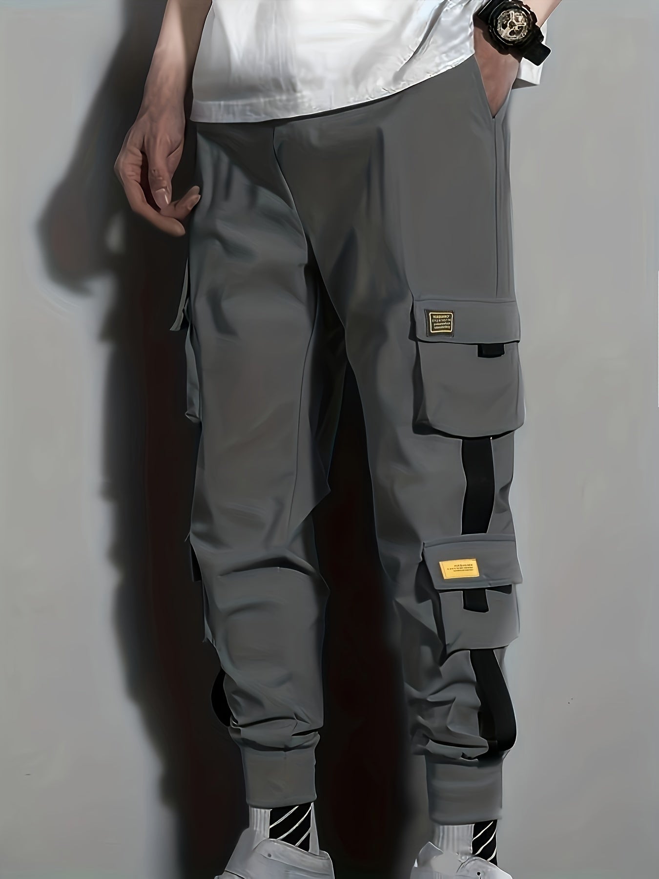 Ribbon Design, Men's Drawstring Overalls With Pockets, Loose Trendy Comfy Jogger Pants