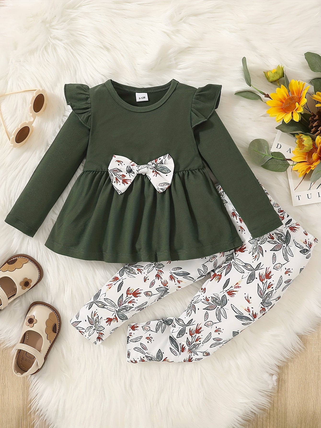 Baby Girl Baby Autumn Winter Outwear Outfit, Flutter Sleeve Splicing Bowknot Skirt Top &  Leaf Print Pants Set,