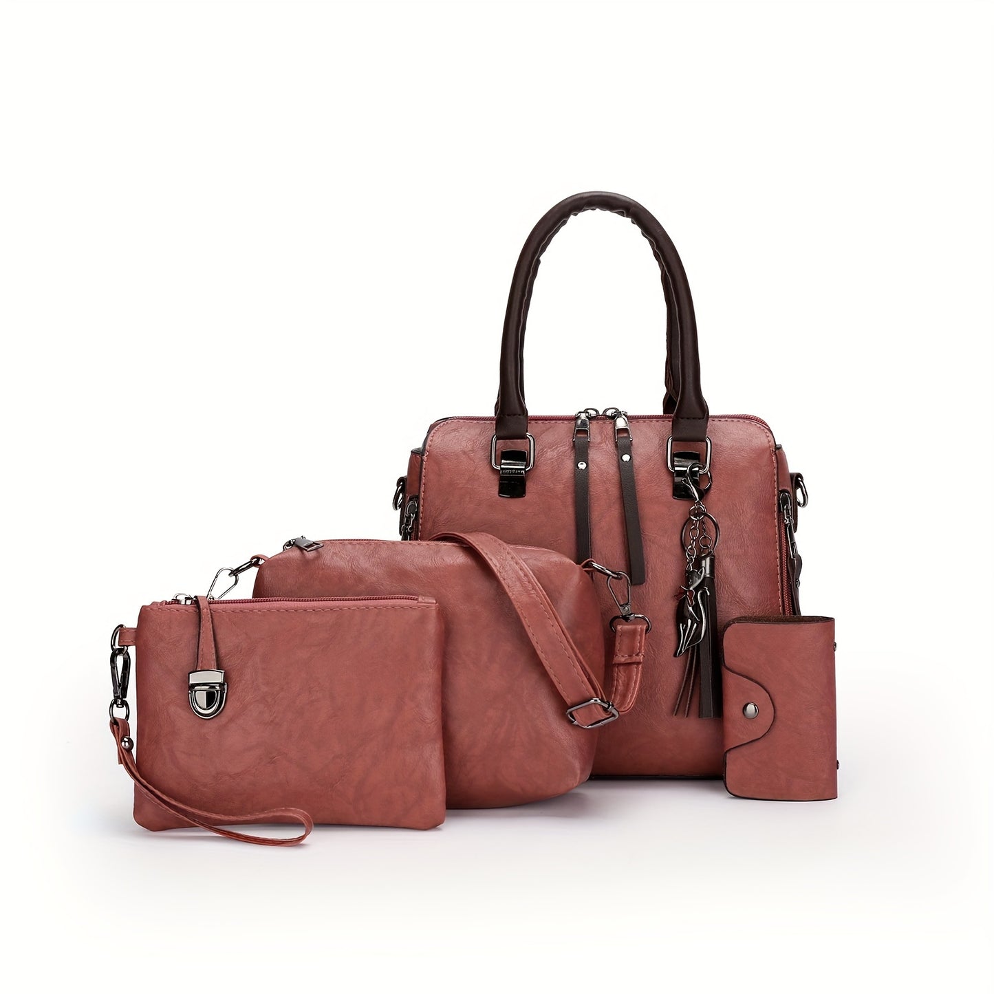 4pcs Pendant Tote Bag Crossbody Bag Card Holder Set, PU Leather Retro Shoulder Bag, Casual Versatile Commuter Bag