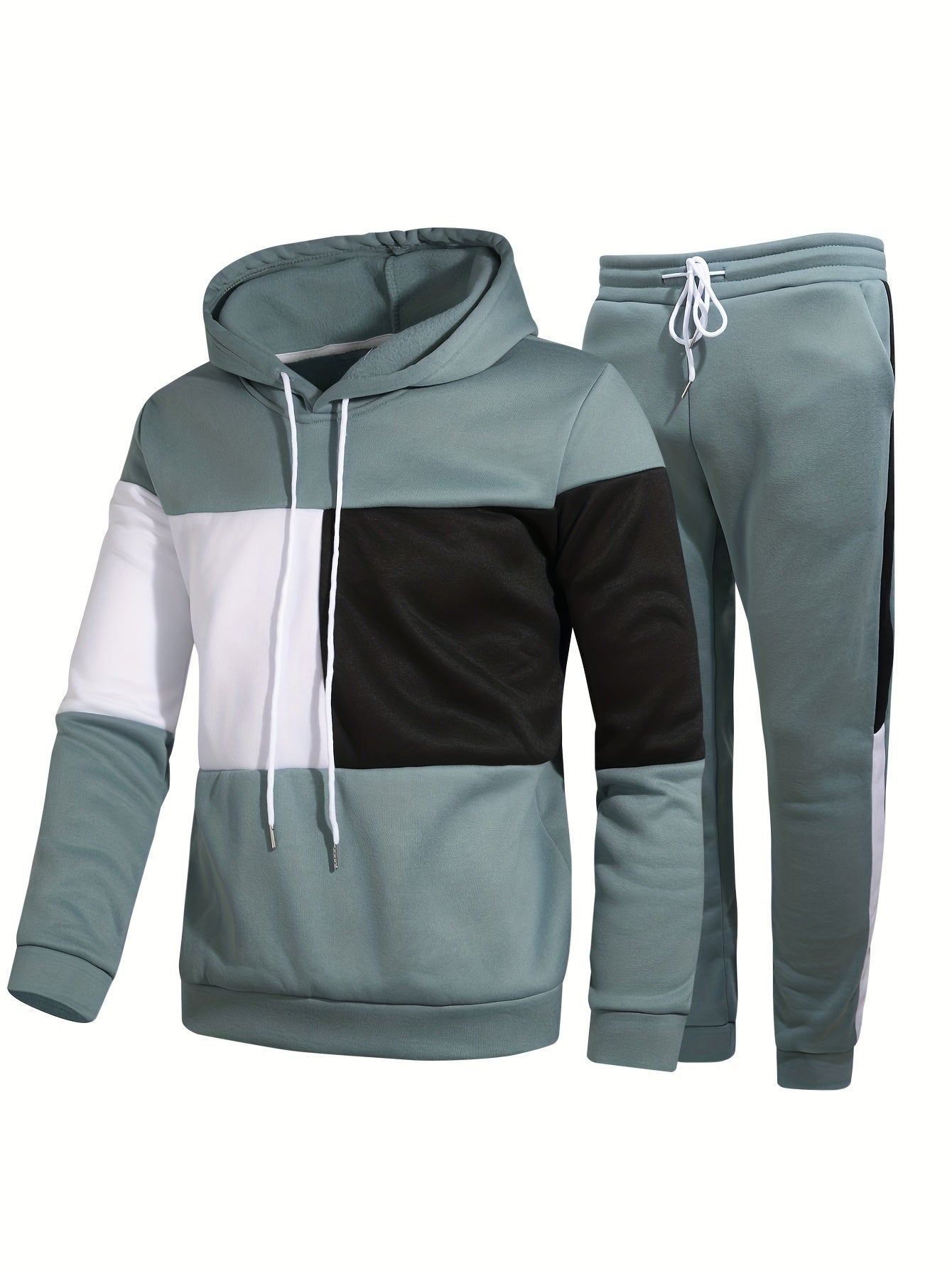 Men's Colorblock Hooded Sweatshirt Casual Outfit Set, 2 Pieces Long Sleeve Pullover Hoodies And Drawstring Sweatpants