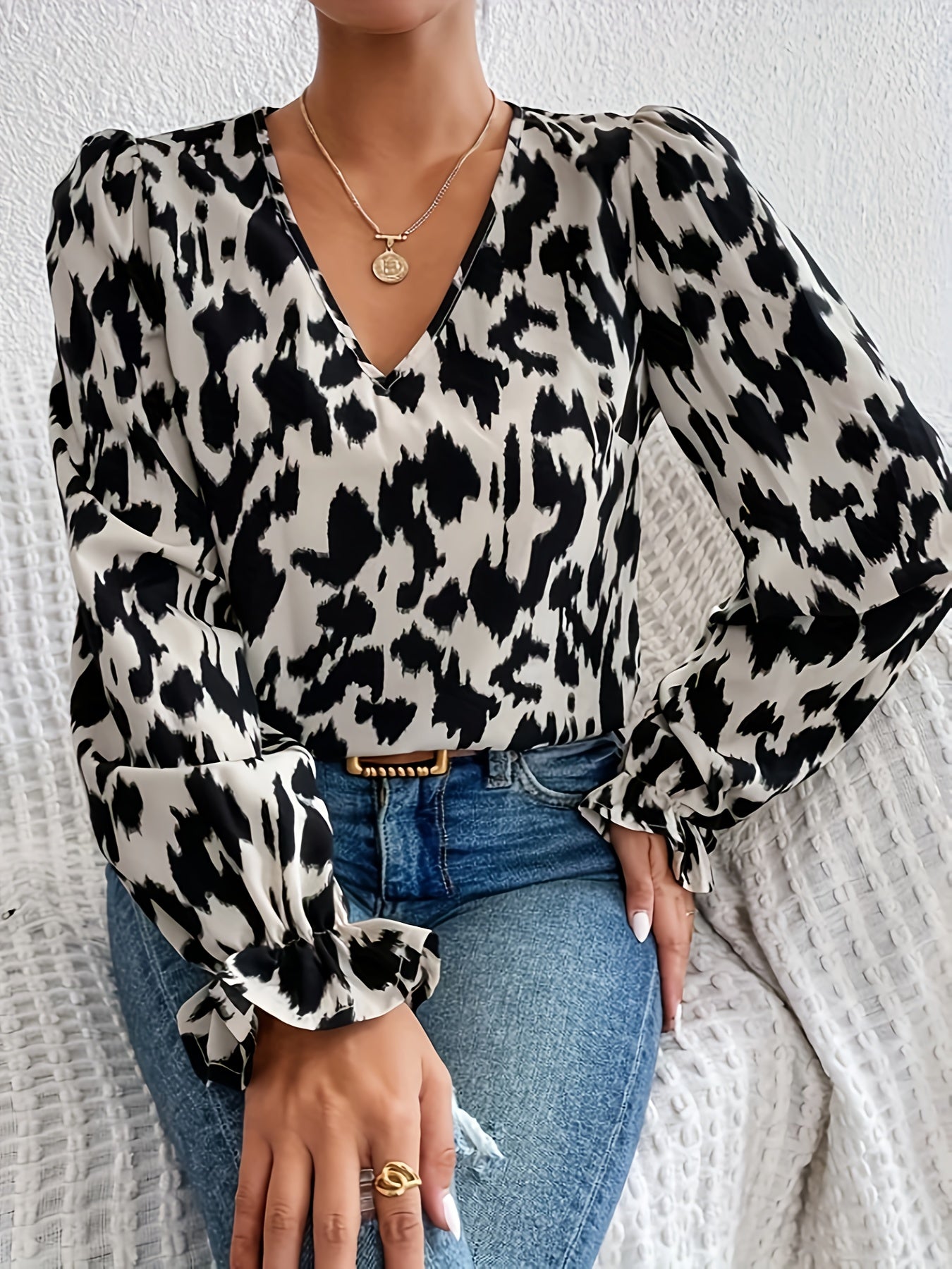 Allover Print V Neck Blouse, Casual Ruffle Lantern Sleeve Blouse For Spring & Fall, Women's Clothing