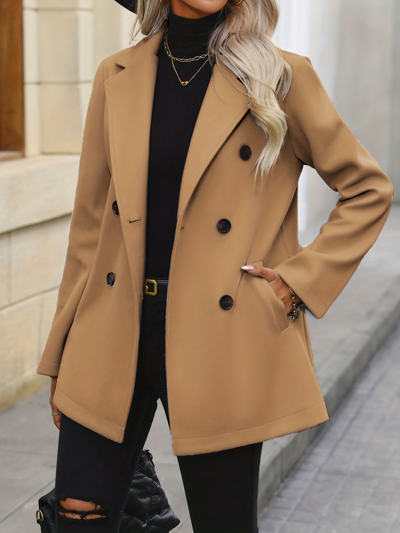 Double Breasted Lapel Bean Coat, Elegant Long Sleeve Outerwear With Pockets, Women's Clothing