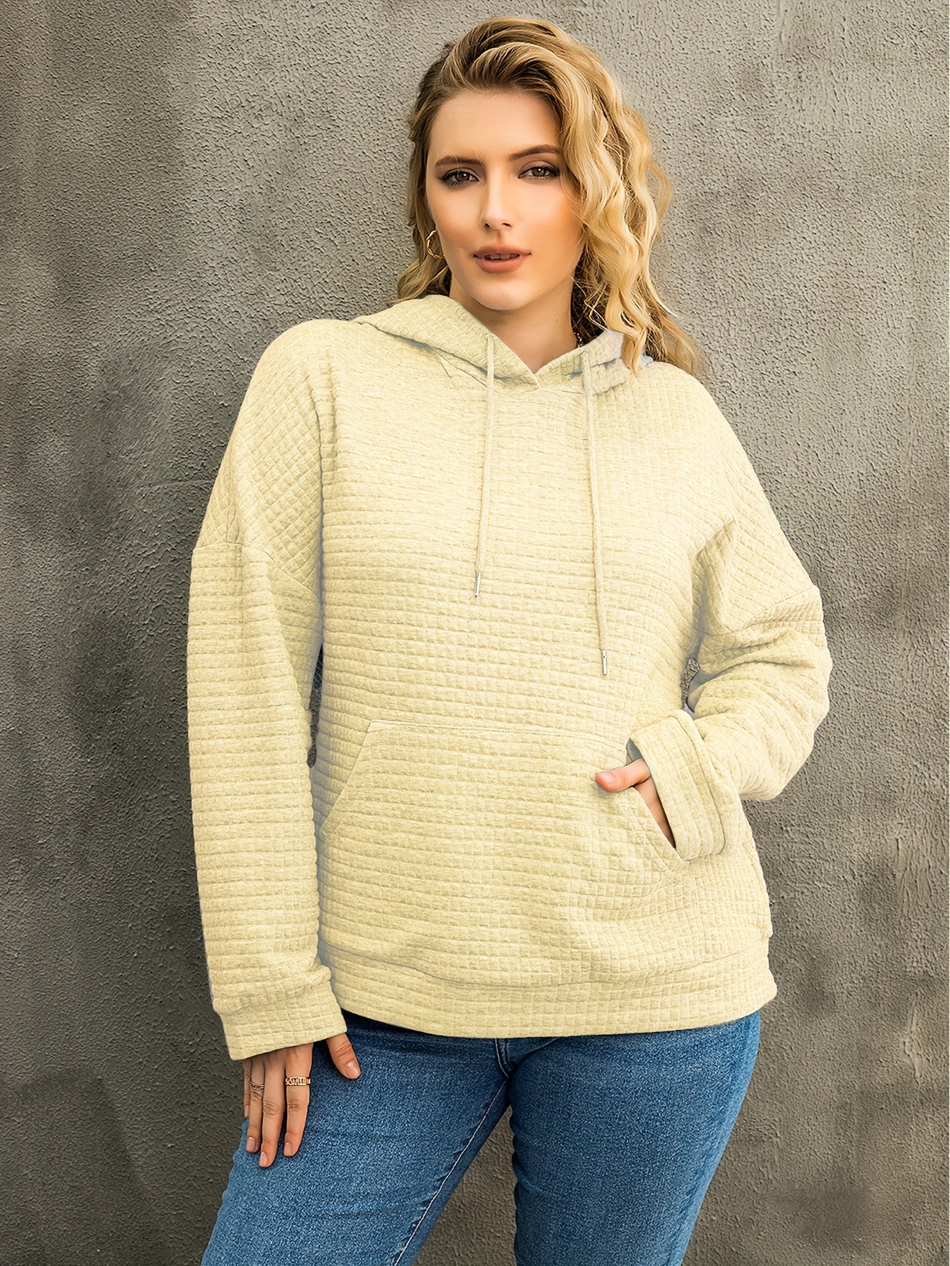 Plus Size Casual Sweatshirt, Women's Plus Solid Waffle Pattern Long Sleeve Drawstring Hoodie Sweatshirt With Pockets
