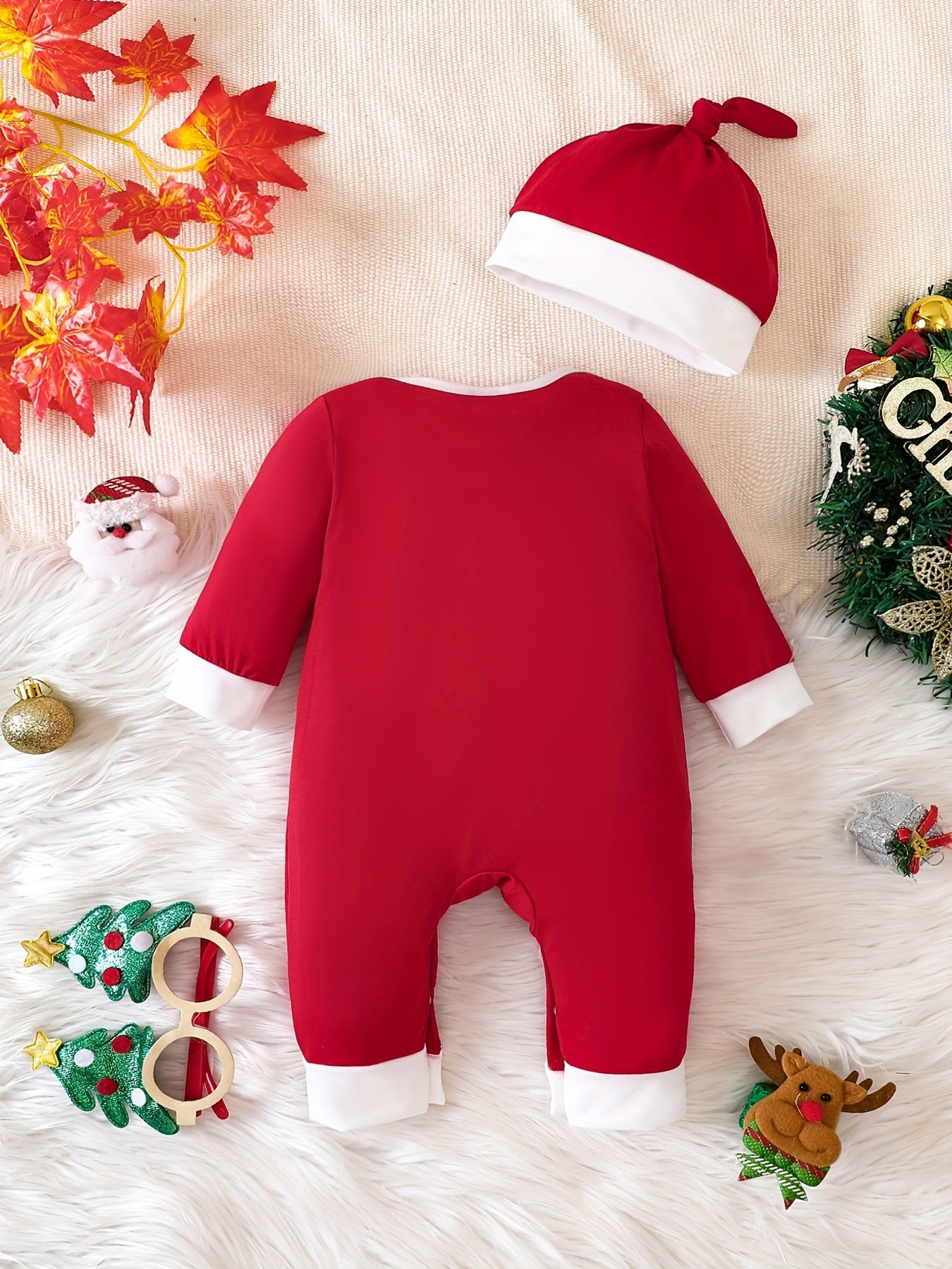 My First Christmas Print Cute Jumpsuit & Hat Set, Toddler Baby Boys Girls Clothes Autumn And Winter