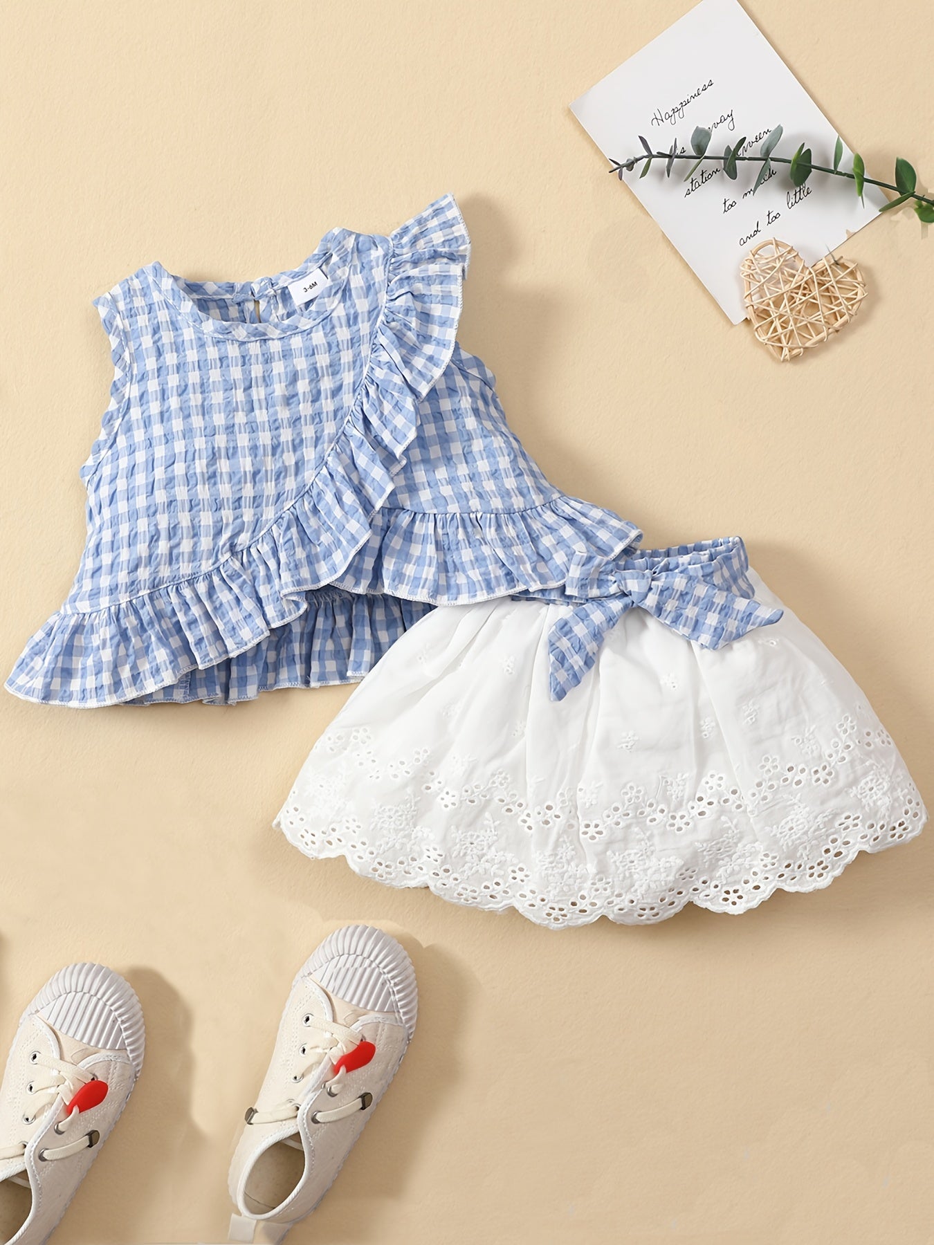 Baby Girls Casual Cute Ruffled Plaid Print Top & Lace Hem Skirt Set For Summer Holiday