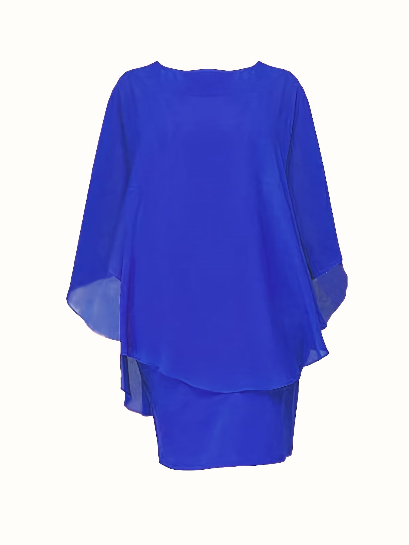 Plus Size Solid Round Neck 3/4 Sleeve Cape Midi Dress, Women's Plus Elegant Slight Stretch Cape Midi Dress