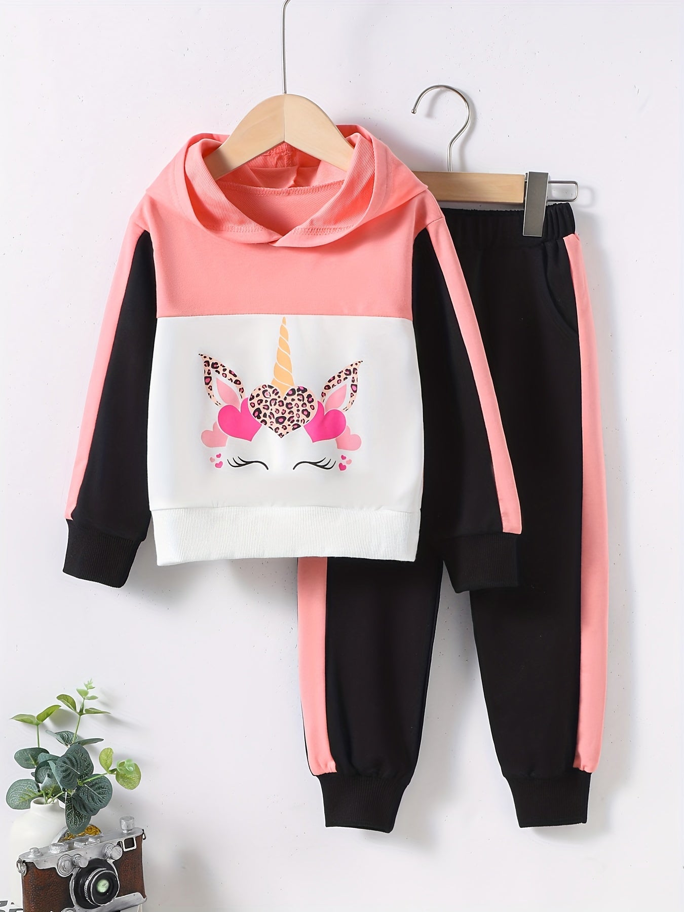 Girls Long Sleeve Hoodie & Sweatpants 2pcs Set Contrast Color Unicorn Print Casual Kids Clothes