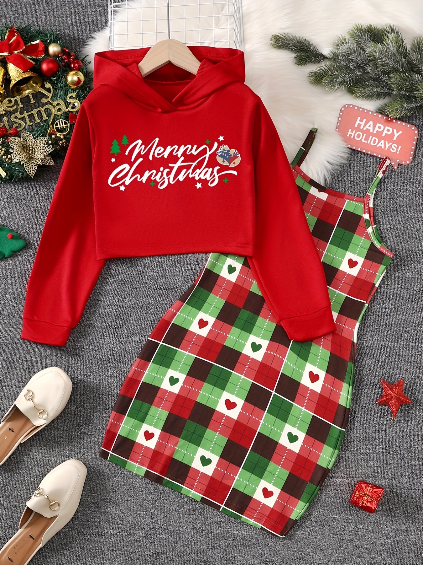 2pcs Girl's Trendy Christmas Outfit, Hoodie & Plaid Pattern Sundress Set, MERRY CHRISTMAS Print Kid's Clothes For Spring Autumn