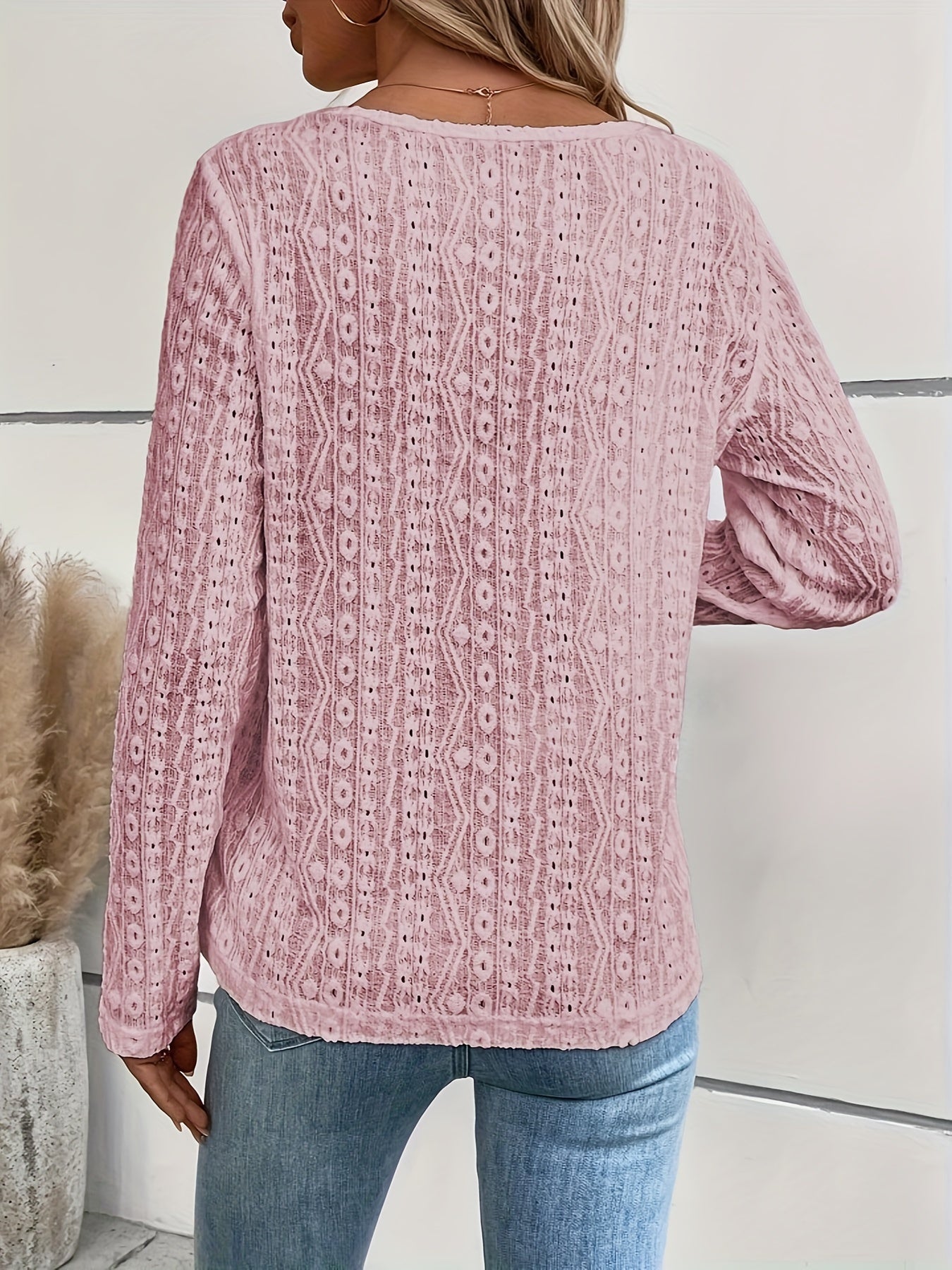 Floral Pattern Eyelet Button Front Blouse, Casual Long Sleeve Blouse For Spring & Fall, Women's Clothing
