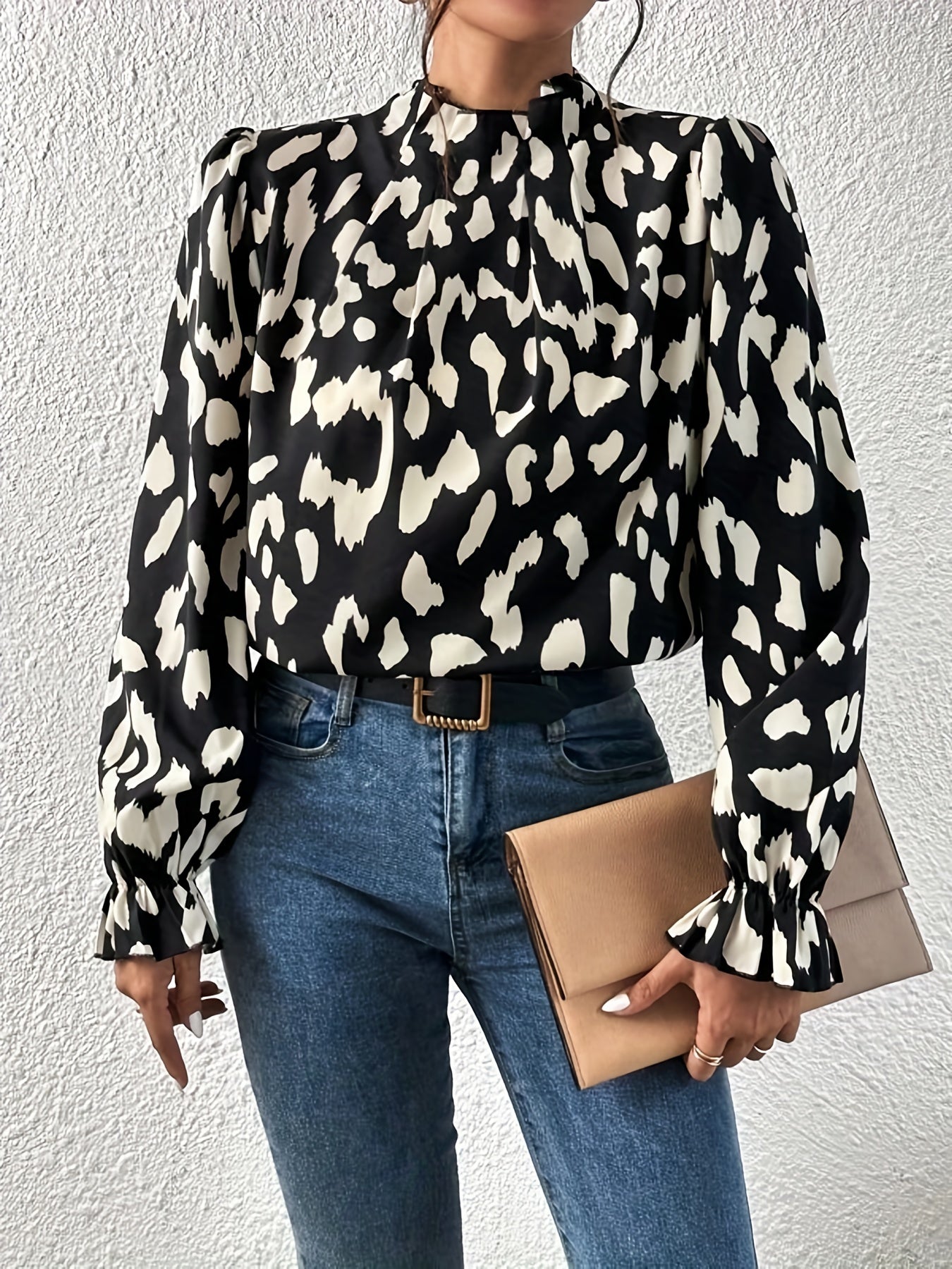 Leopard Print Keyhole Blouse, Casual High Neck Long Sleeve Blouse, Women's Clothing