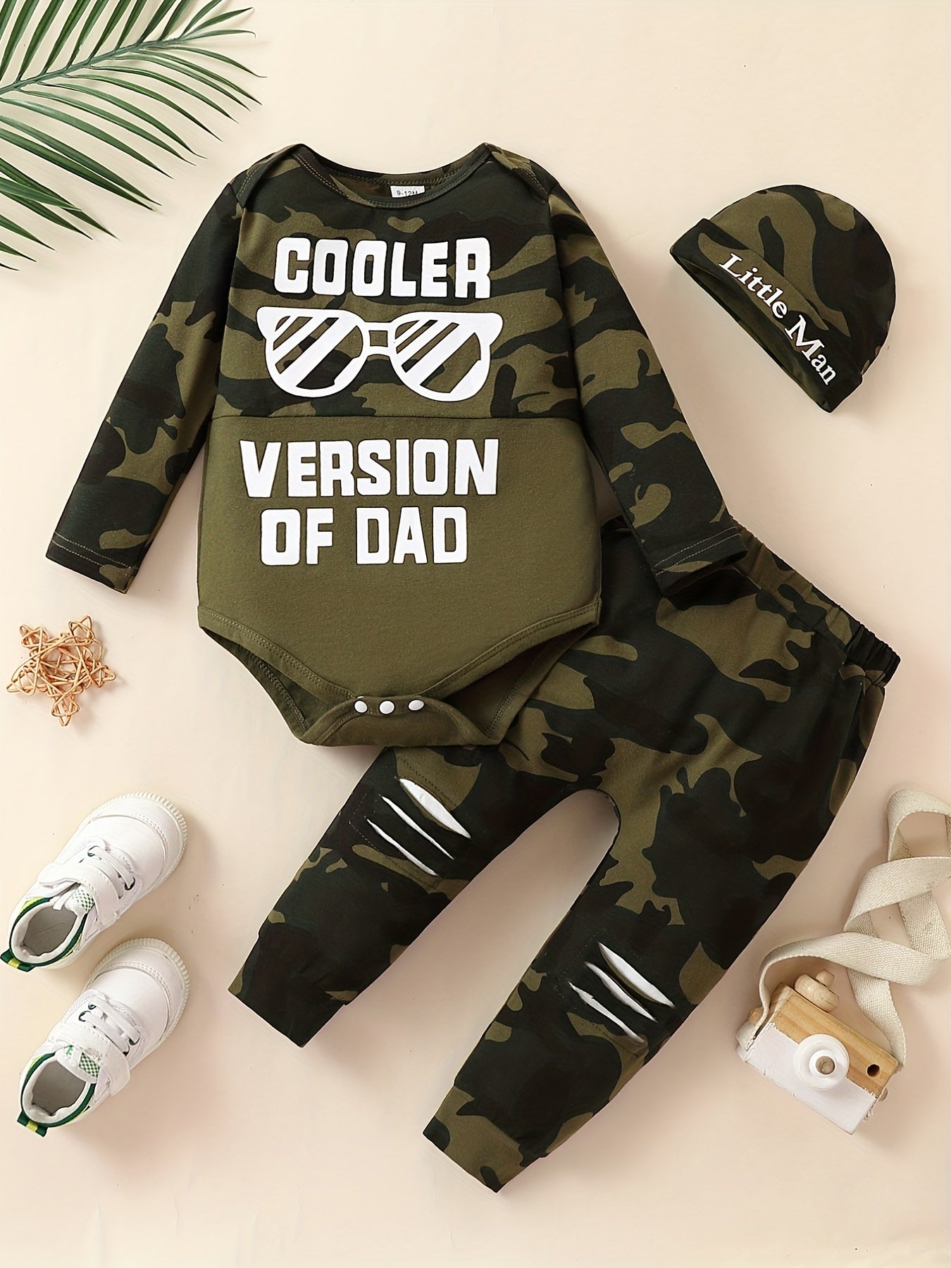 Baby Boy's Camouflage Long Sleeve Suit, NEW TO THE CREW Letter Printed Romper & Trousers Set, Cotton Comfy Casual Set For Newborn