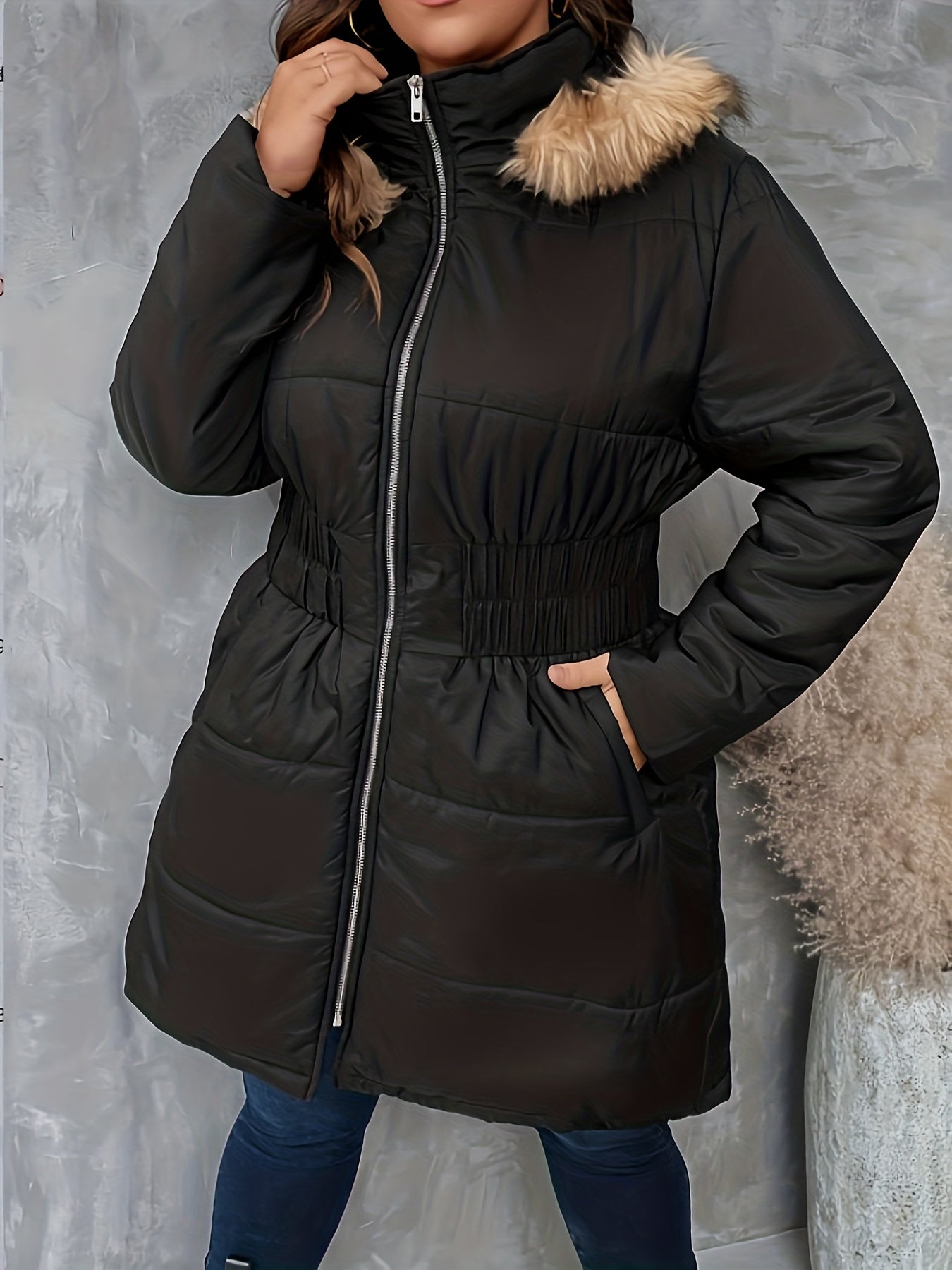 Plus Size Casual Winter Coat, Women's Plus Solid Quilted Fuzzy Trim Hooded Long Sleeve Hooded Nipped Waist Tunic Puffer Coat With Pockets