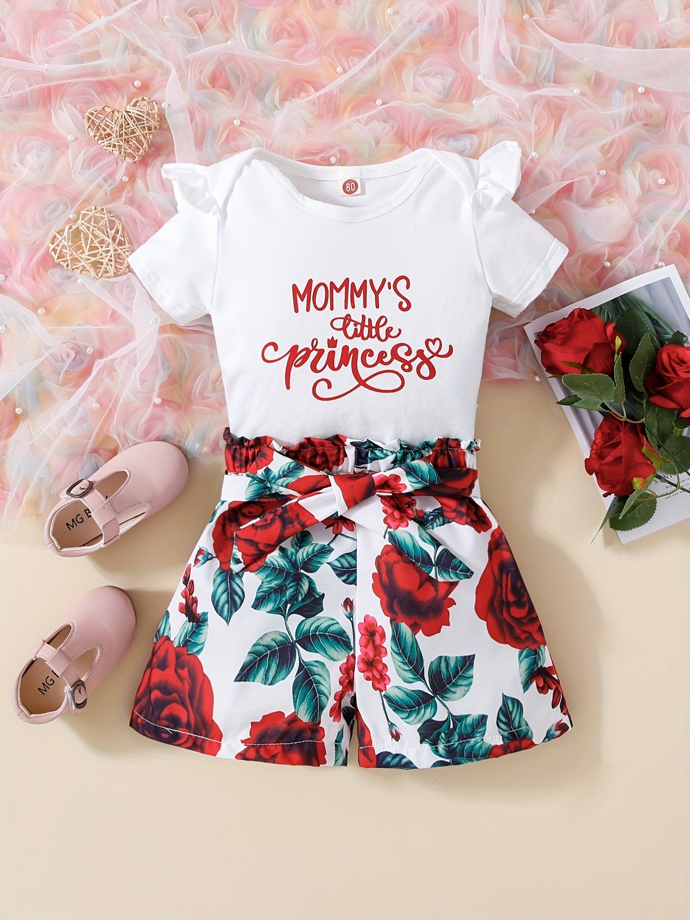 2pcs Girls MOMMY'S LITTLE PRINCESS Letter Print Short Sleeve Round Neck Top And Floral Print Shorts Set, Cotton Summer Casual Clothes