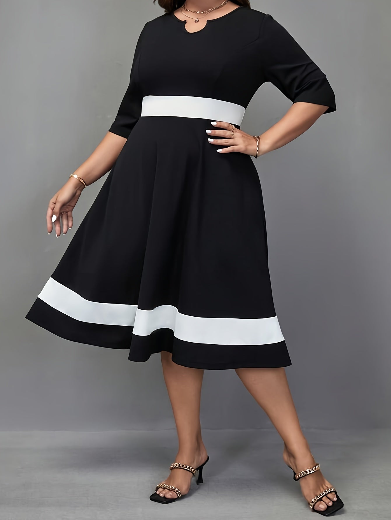 Plus Size Elegant Dress, Women's Plus Colorblock Three Quarter Sleeve Notched Neck A-line Midi Dress