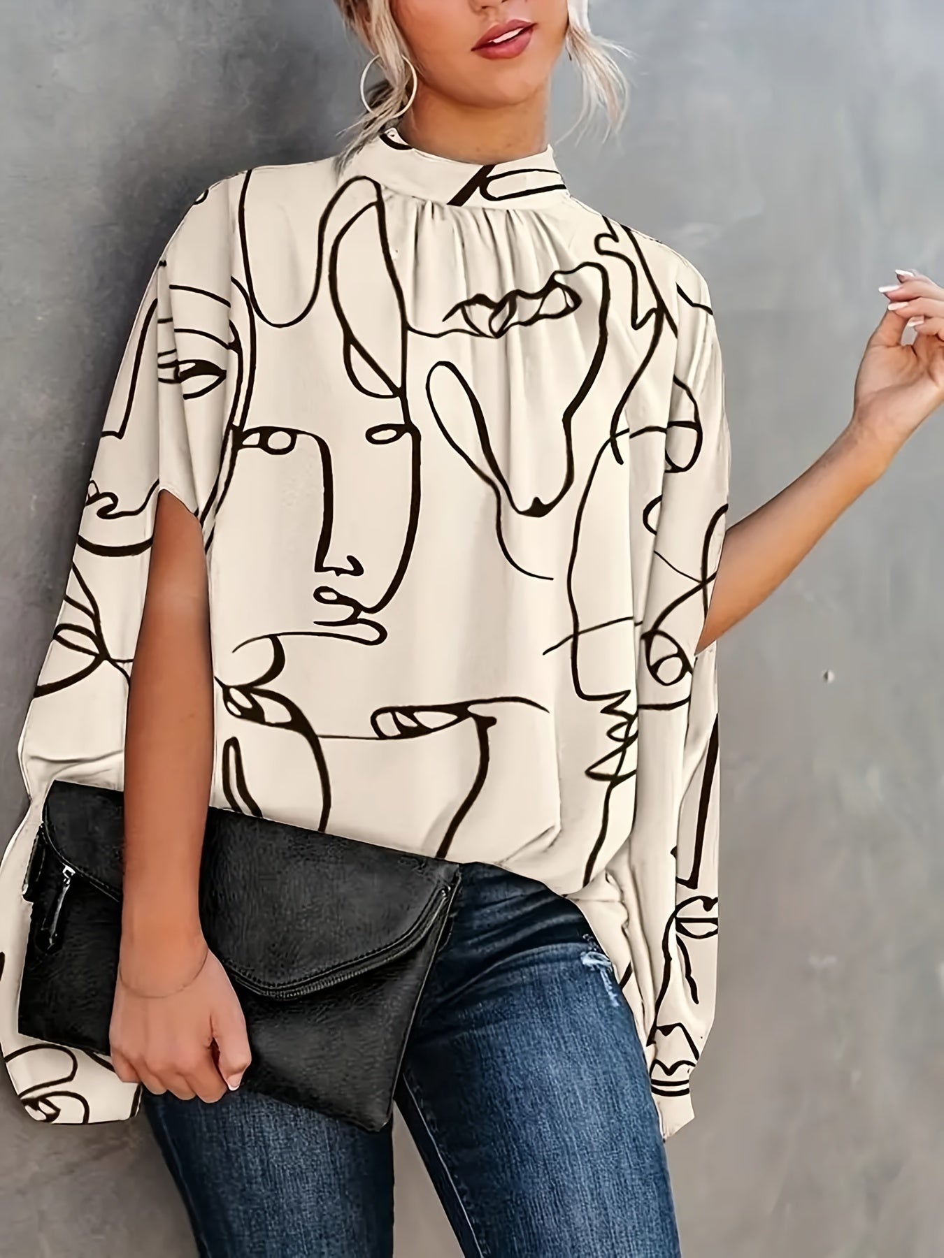 Plus Size Elegant Blouse, Women's Plus Letter Print Bat Sleeve Mock Neck Slight Stretch Blouse