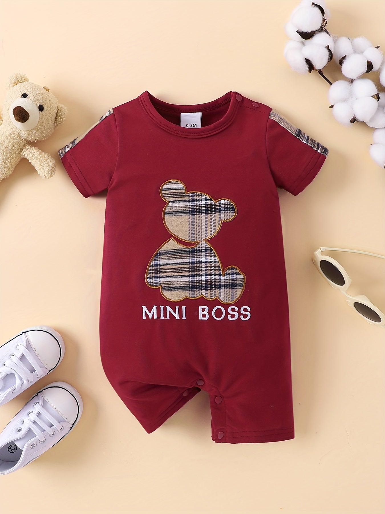 Toddler Baby Boys Casual Cute Plaid Bear Print Romper For Summer