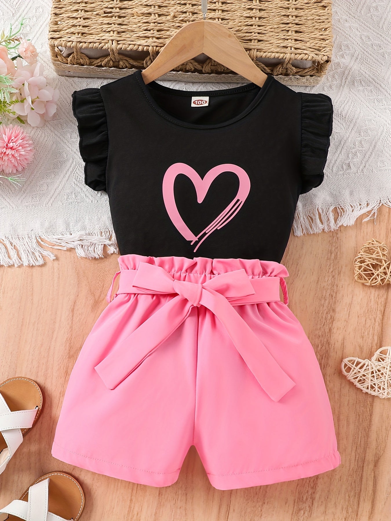 2pcs Girls Daily Casual Heart Print Crew Neck Sleeveless Top & Bow Shorts With Belt For Summer Kids Clothes