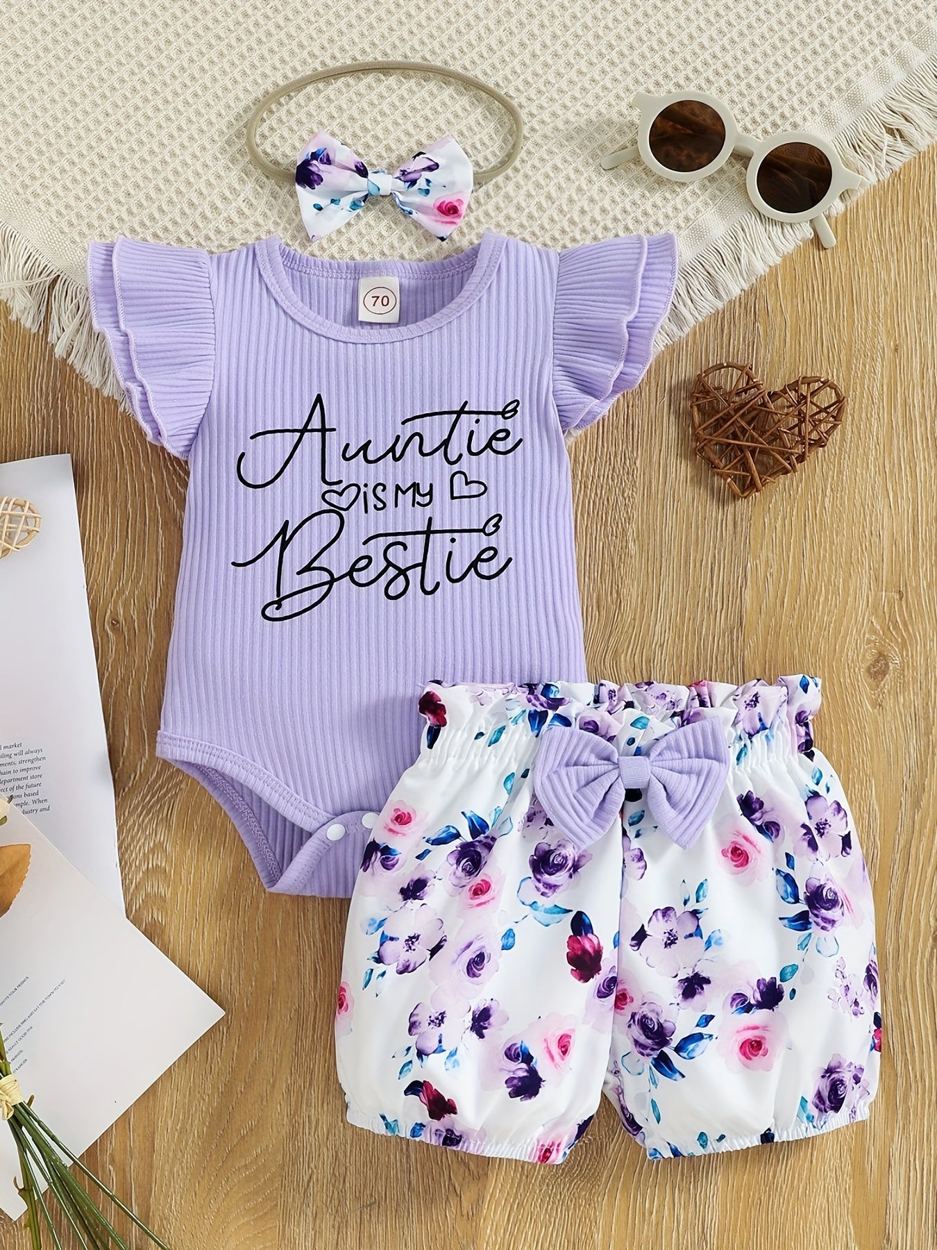 3pcs Baby Infant Girls Cute "Auntie Is My Bestie" Ruffle Sleeve Onesie & Bowknot Floral Shorts & Headband Set Clothes