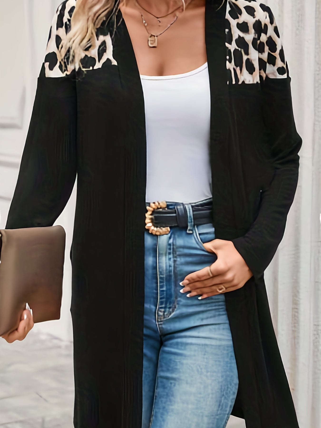 Plus Size Casual Coat, Women's Plus Leopard Print Long Sleeve Open Front High Stretch Coat