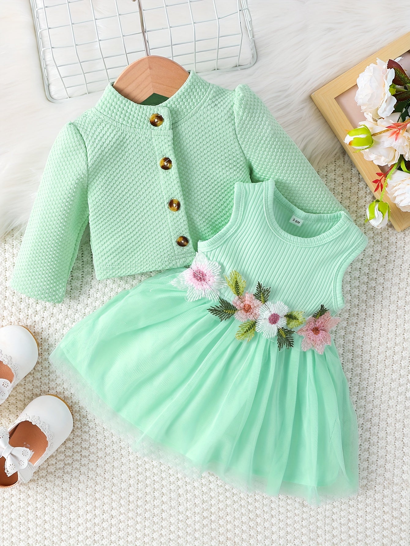 Sweet & Cute Infant Baby Girls Casual Dress Up, Single Breasted Long Sleeve Top Sleeveless Mesh Splicing Vest Skirt Set