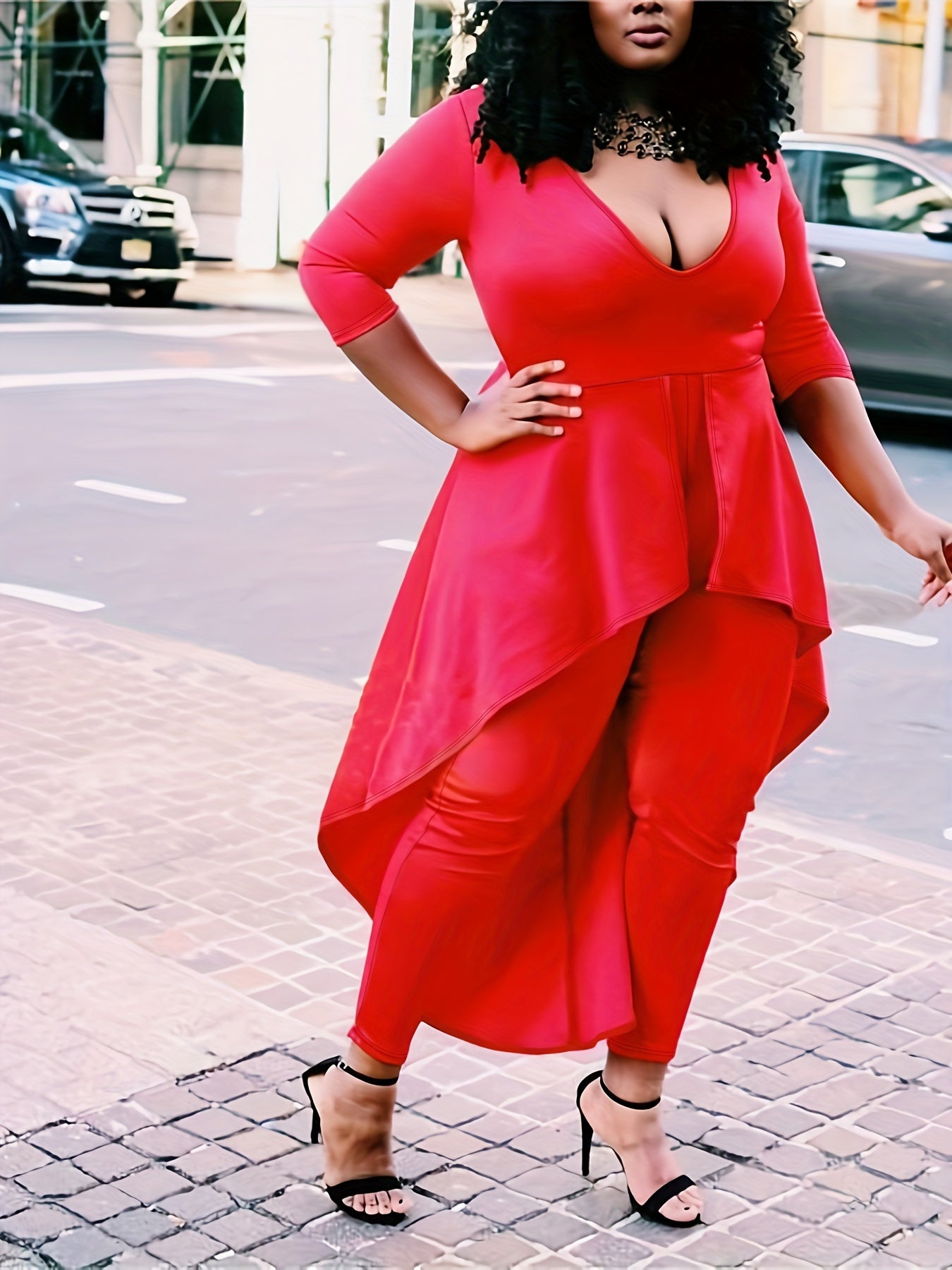 Plus Size Sexy Jumpsuit, Women's Plus Solid Three Quarter Sleeve Scoop Neck Peplum Tapered Leg Jumpsuit