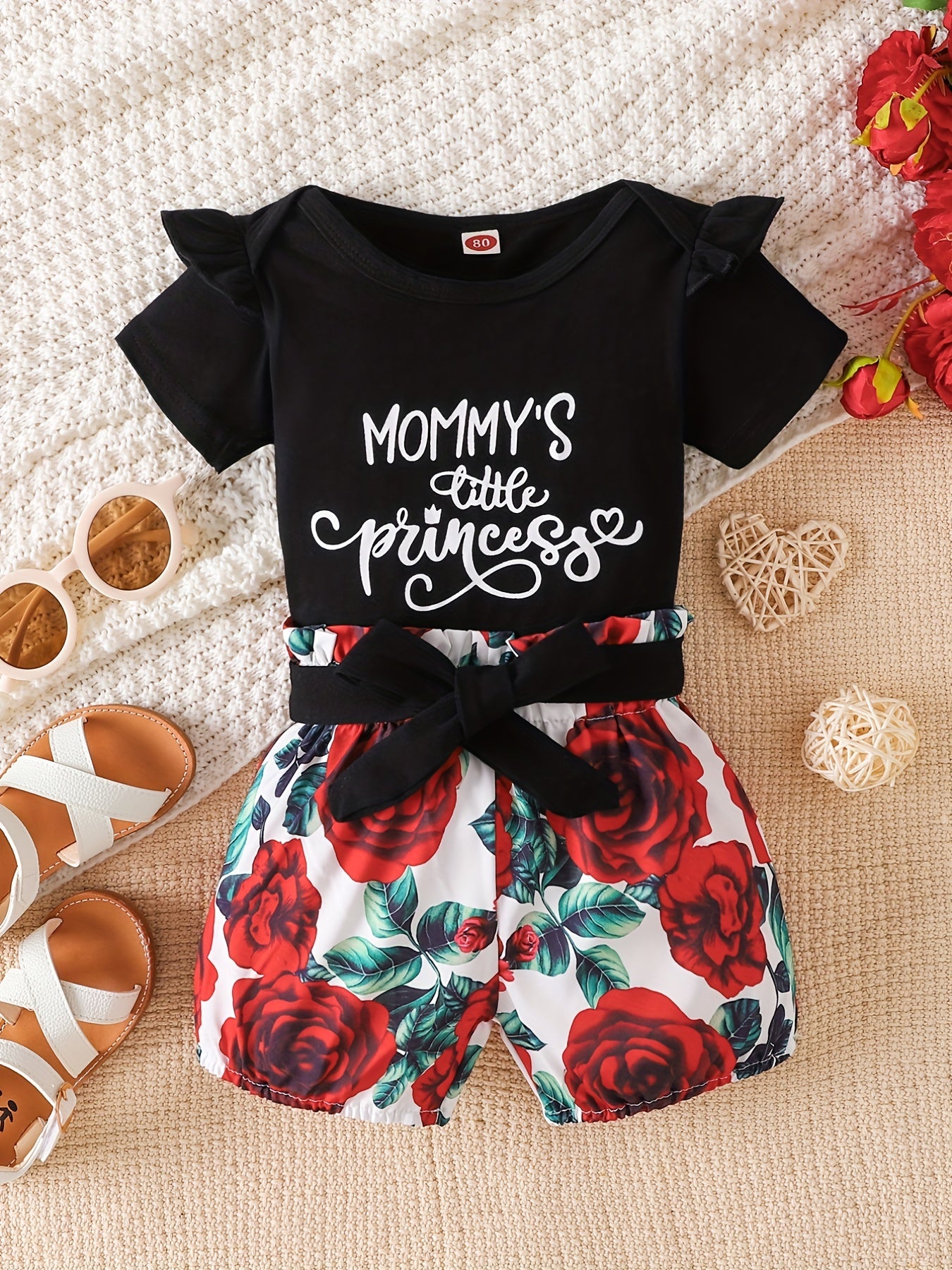 2pcs Girls MOMMY'S LITTLE PRINCESS Letter Print Short Sleeve Round Neck Top And Floral Print Shorts Set, Cotton Summer Casual Clothes