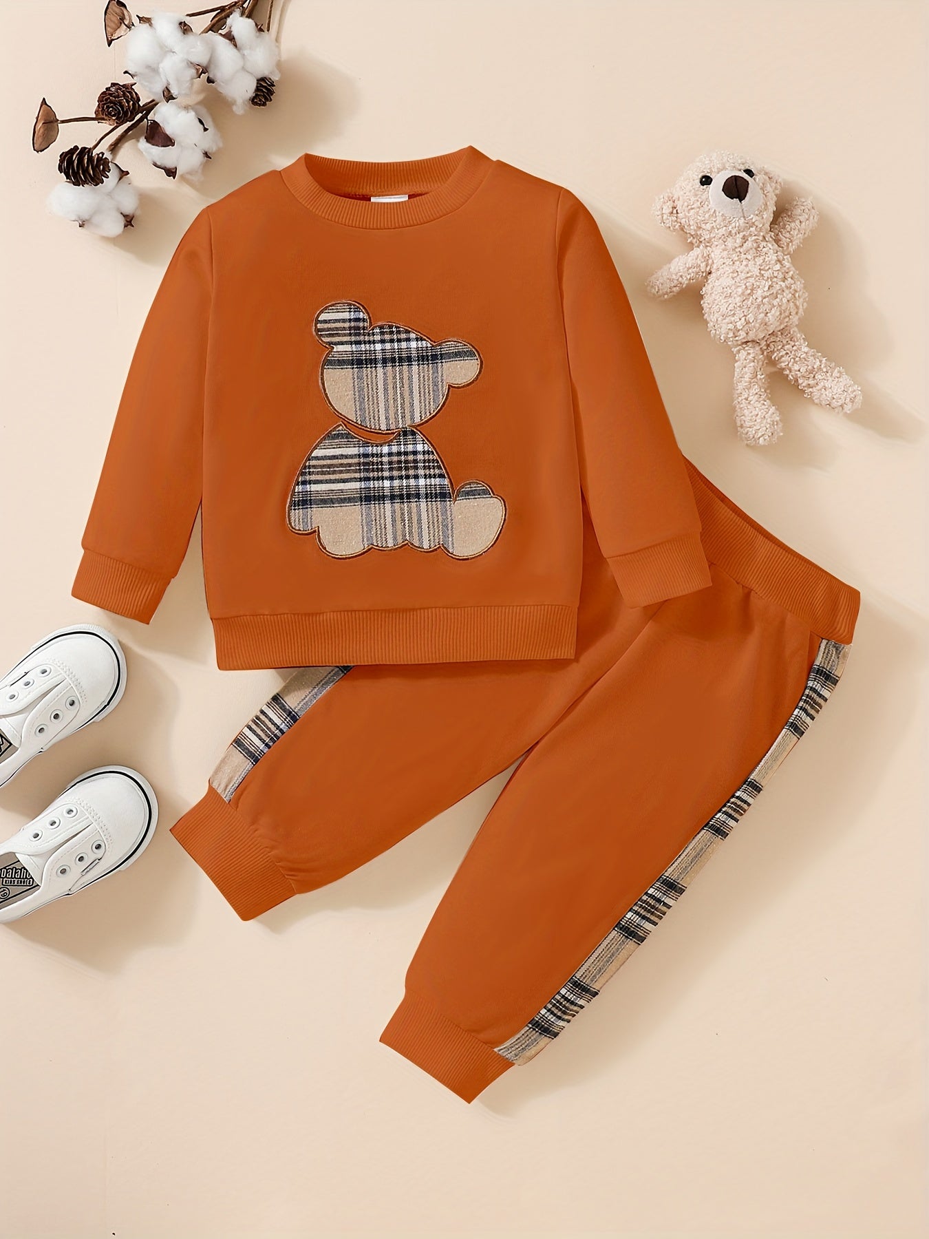 Adorable 2pcs Outfit For Toddler Girls & Boys - Bear Embroidery Sweatshirt & Splicing Pants!