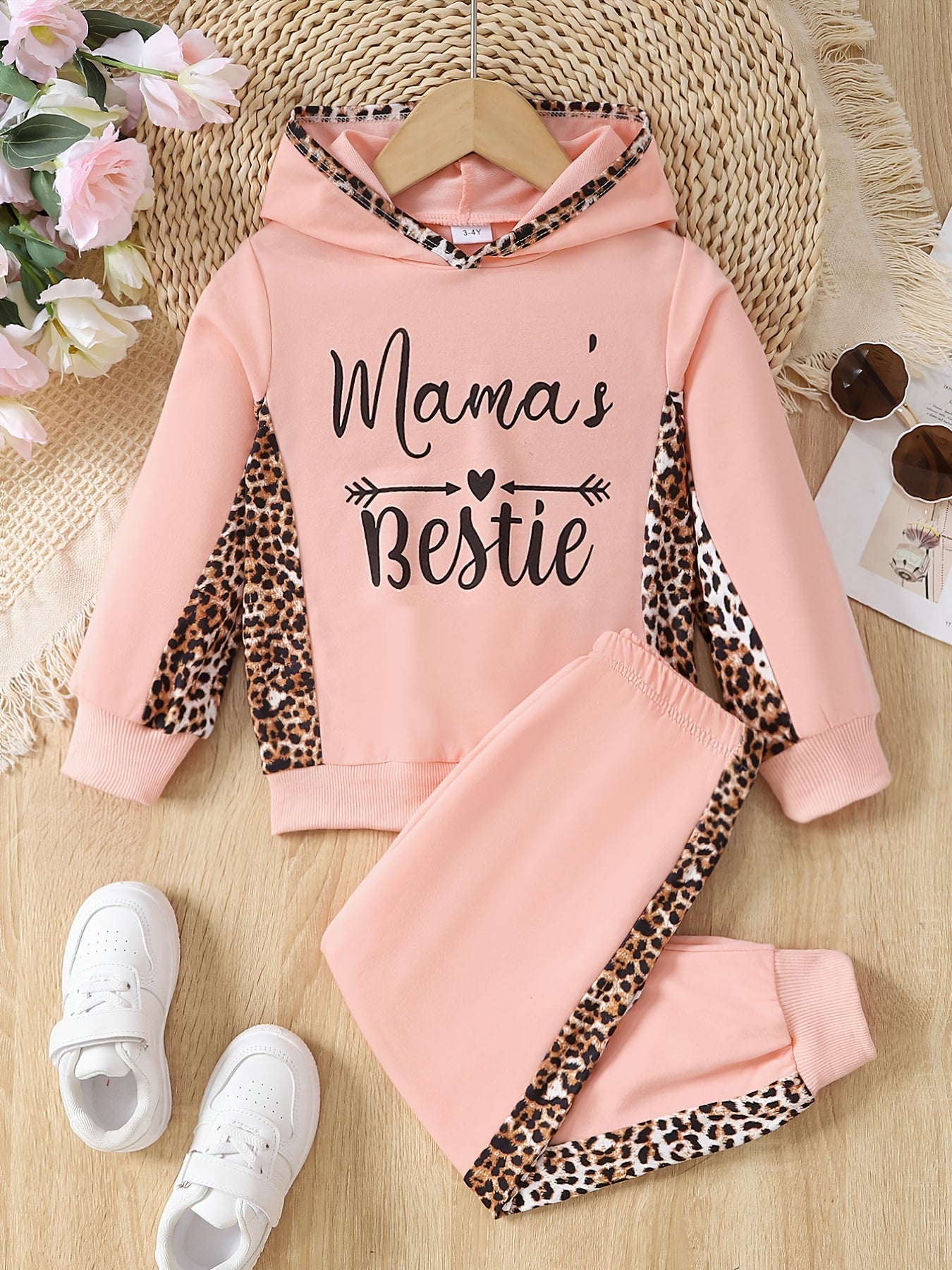 Leopard Pattern Toddler Girl's 2pcs, Hoodie & Sweatpants Set, MAMA'S BESTIE Print Casual Outfits, Kids Clothes For Spring Fall