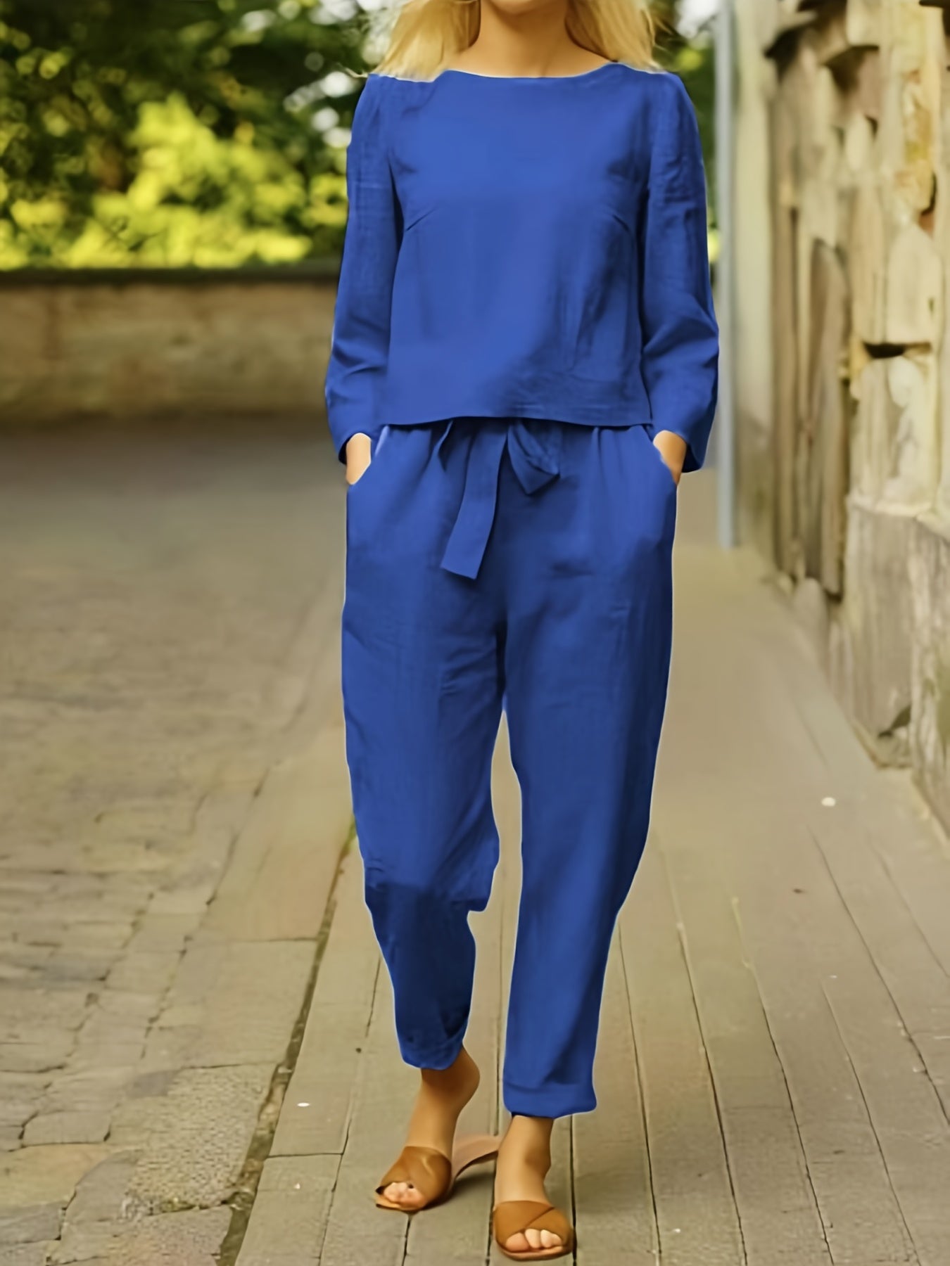 Casual Pantsuits Two Piece Set, Solid Long Sleeve Tops & Loose High-waisted Pants Outfits, Women's Clothing