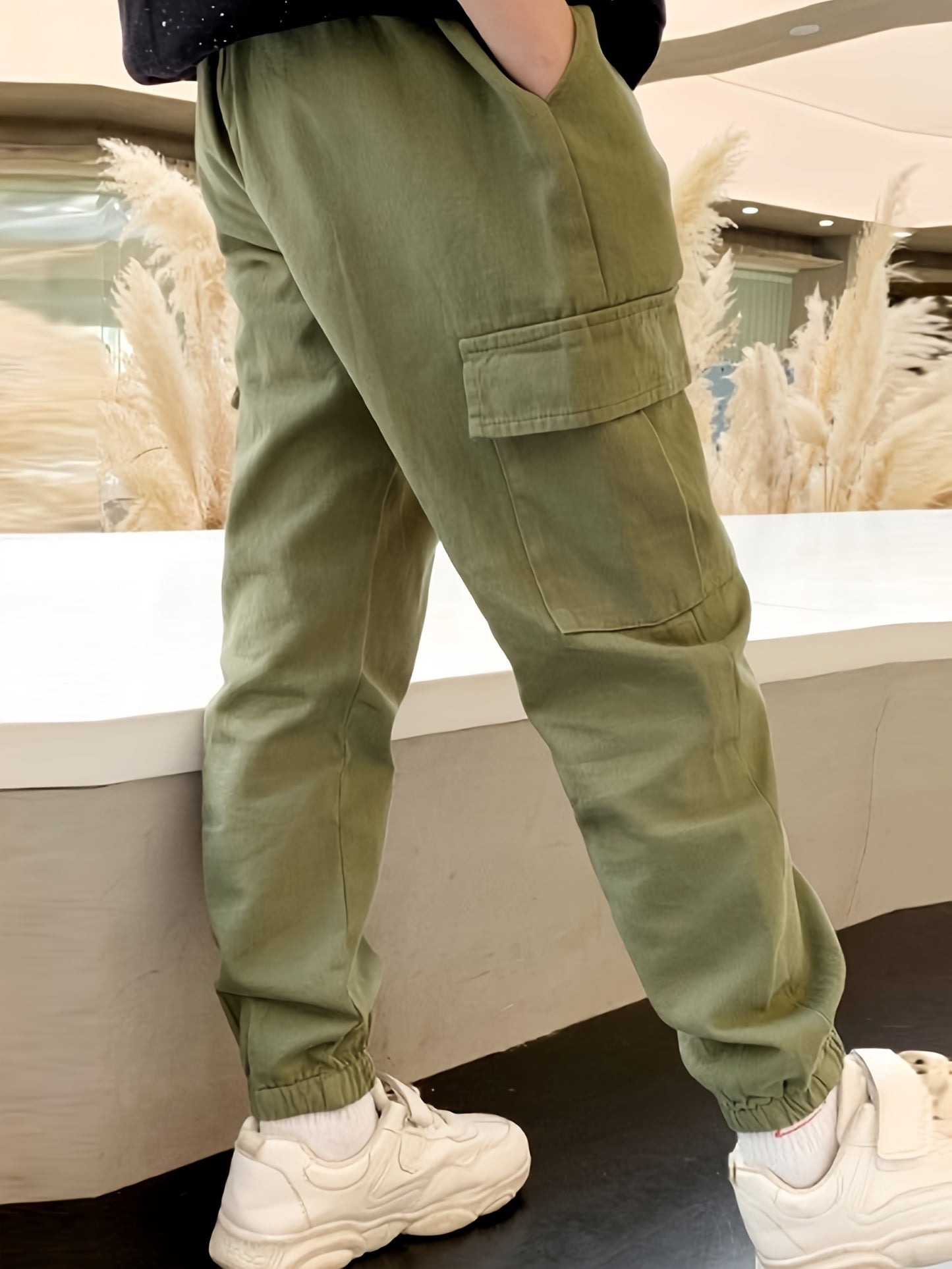 Kid's Cotton Cargo Pants, Elastic Waist Trousers With Pockets, Boy's Clothes For Spring Fall Winter
