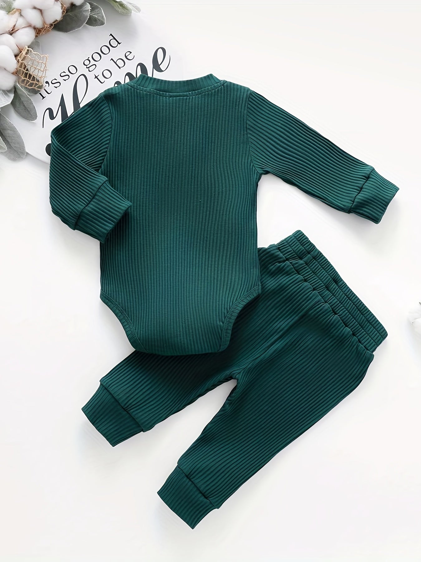 2pcs Baby Infant Boys And Girls Casual Plain Color Long Sleeve Onesie & Pants Set Clothes