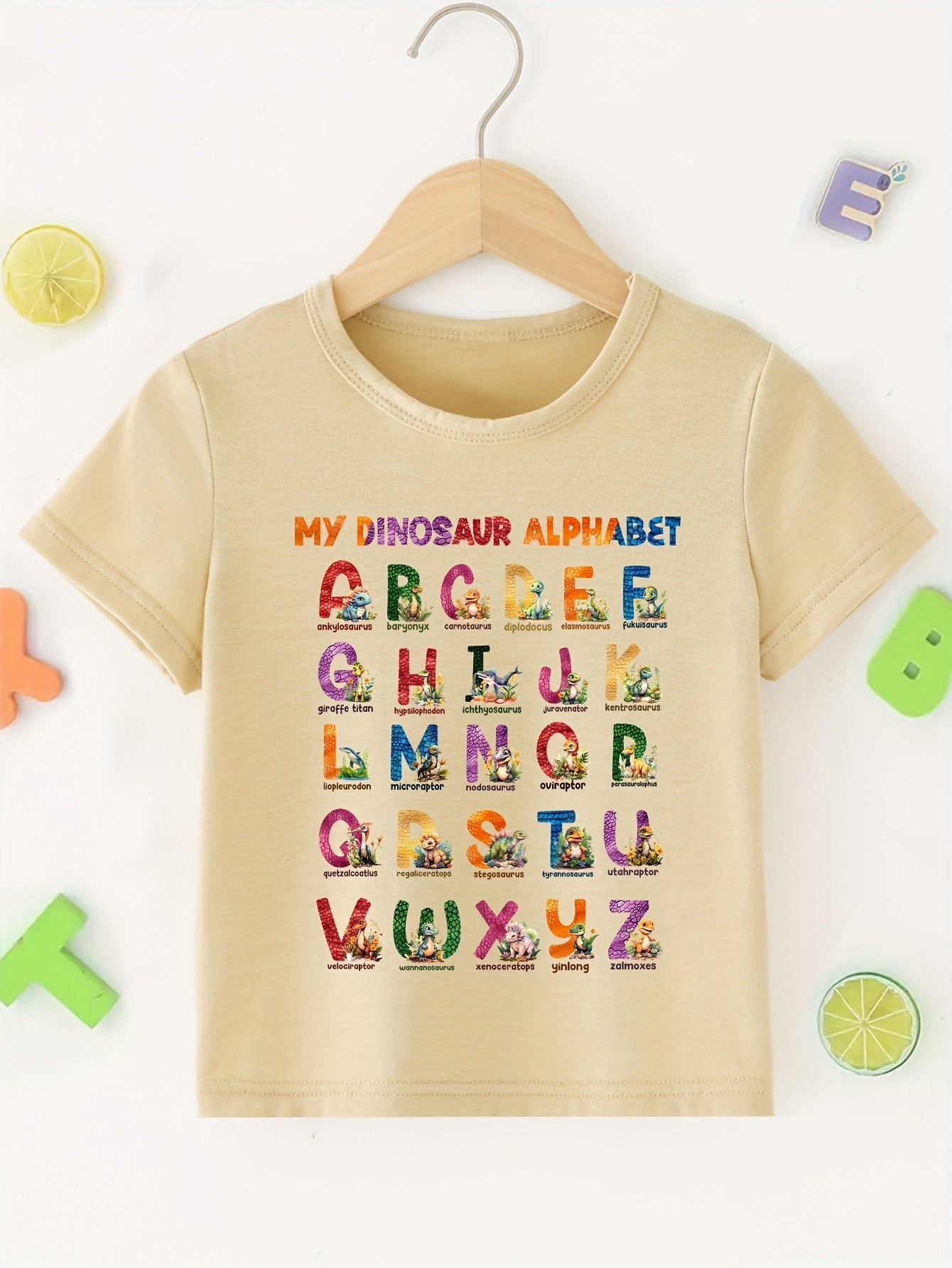 Fancy ''My Dinosaur Alphabets'' Print Boys Crew Neck T-Shirt Lightweight & Comfortable Fit Short Sleeve Tee Top For Toddler Kids