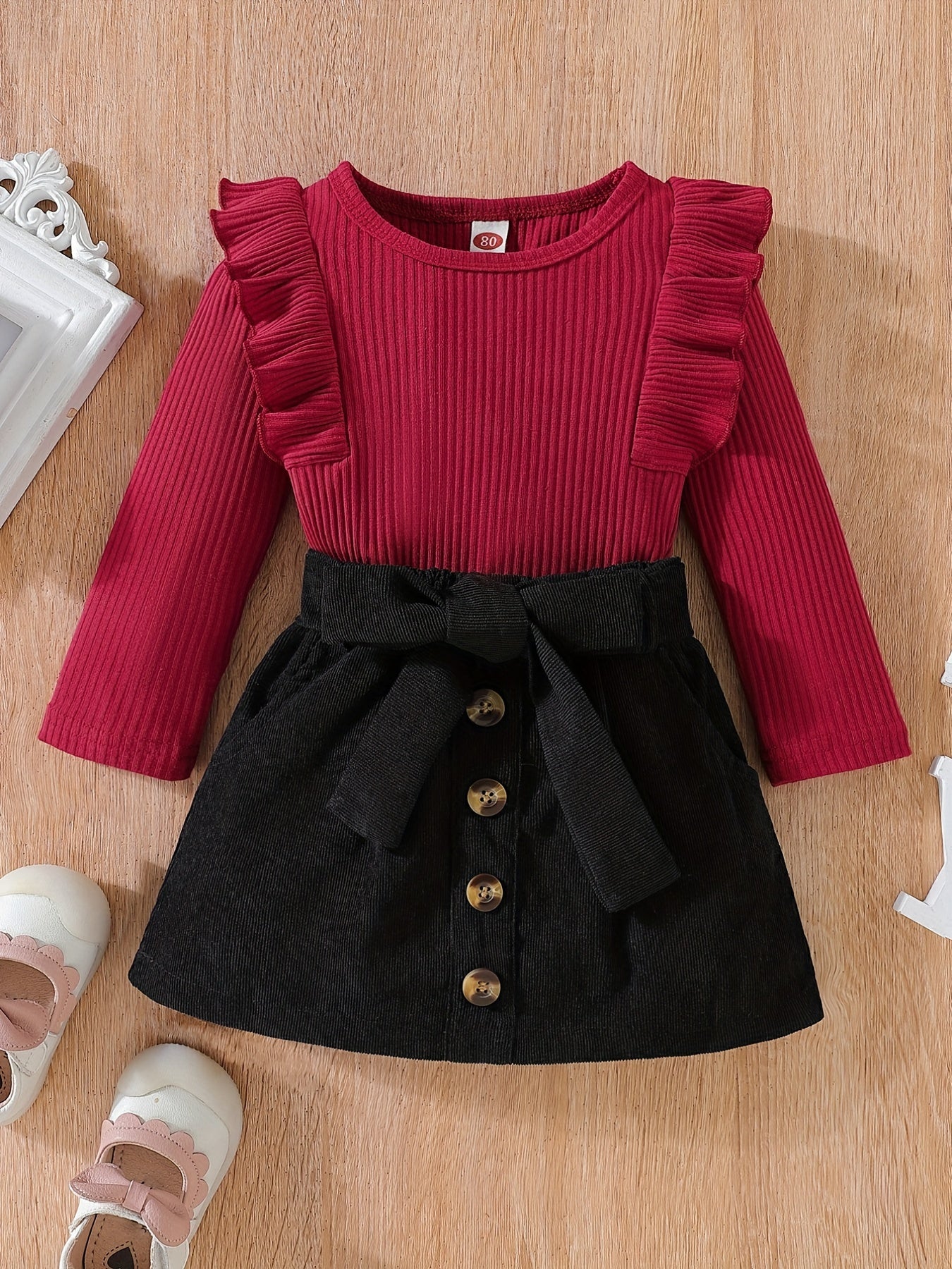 Toddler Girls Ribbed Knit Ruffle Trim Top & Corduroy Belted Skirt