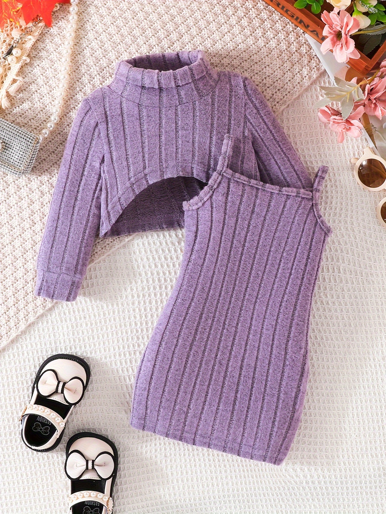 Little Lady New Stylish Outfits - Mock Neck Long-sleeved Pullover Cropped Top & Suspender Skirt Set, Toddler's Clothes Autumn And Winter