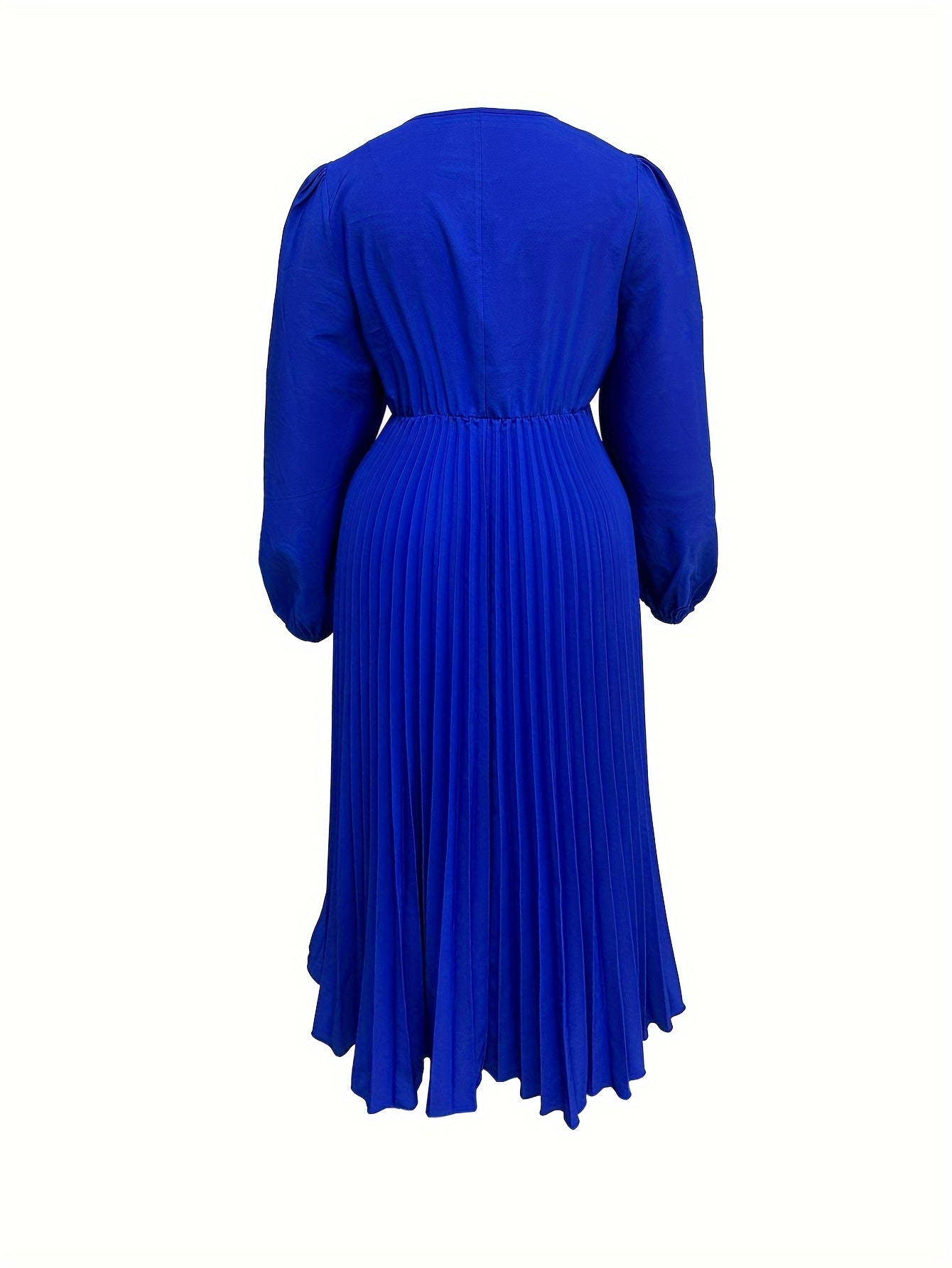Plus Size Casual Dress, Women's Plus Solidl Lantern Sleeve Surplice Neck Pleated Dress