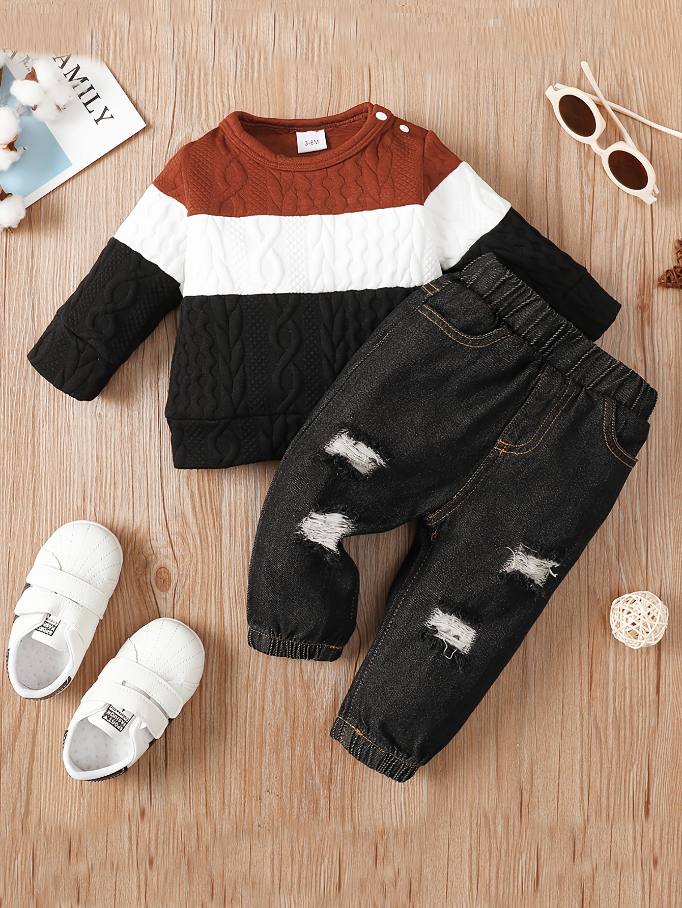 Baby Boys Casual Outfits - Kids Multicolor Stitching Long Sleeve Pullover Top + Ripped Jeans Set