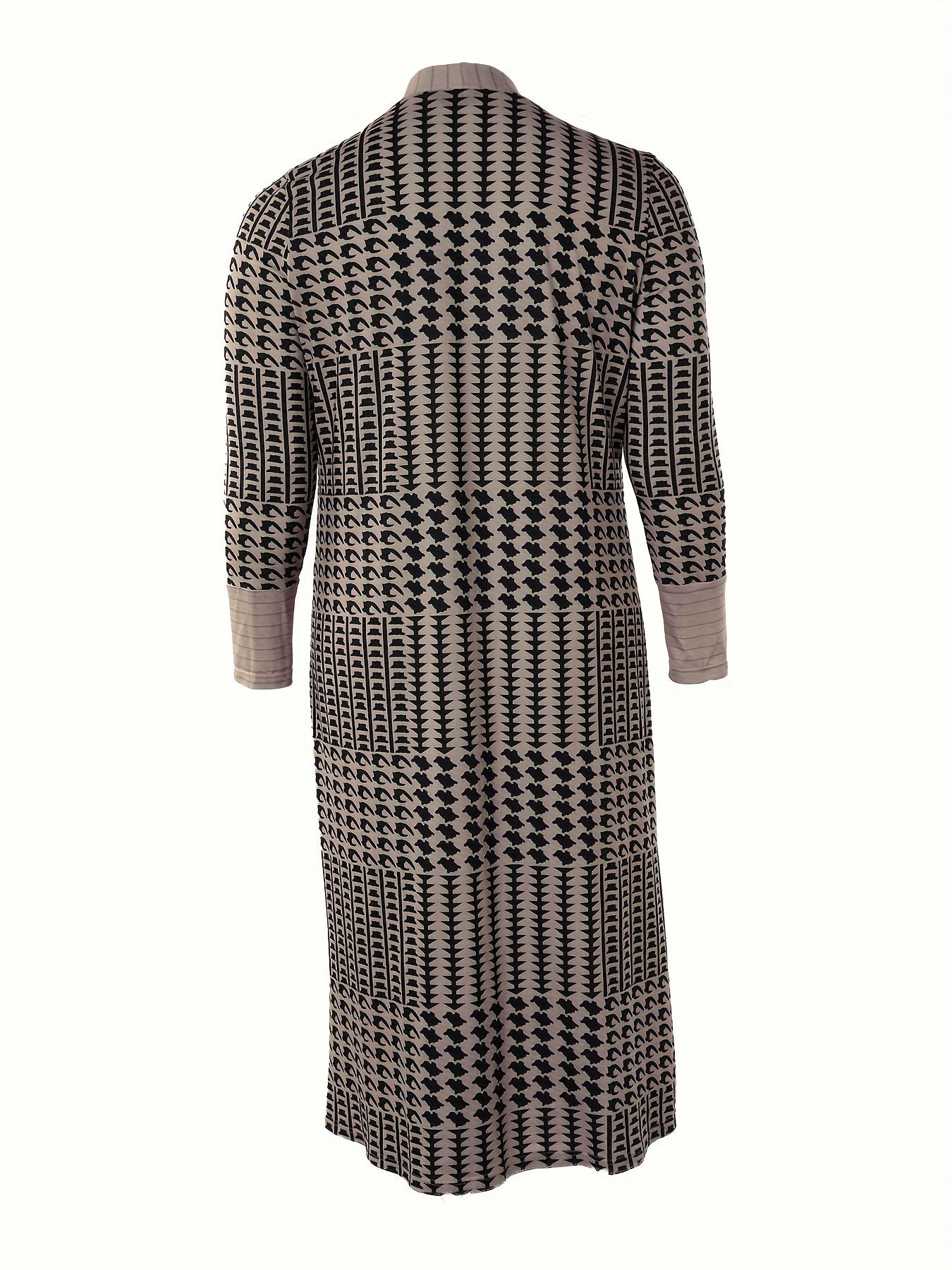 Plus Size Casual Coat, Women's Plus Geometric Print Long Sleeve Open Front Slight Stretch Cardigan Coat