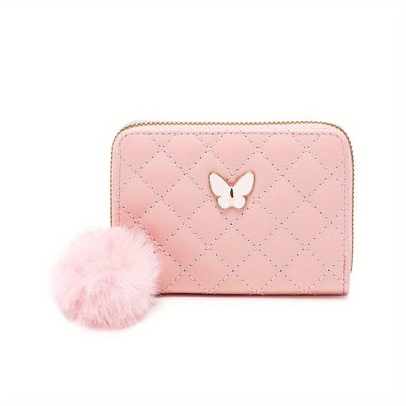 Butterfly Decor Short Wallet, Zipper Around Coin Purse, Quilted Detail Card Holder With Pom Pom