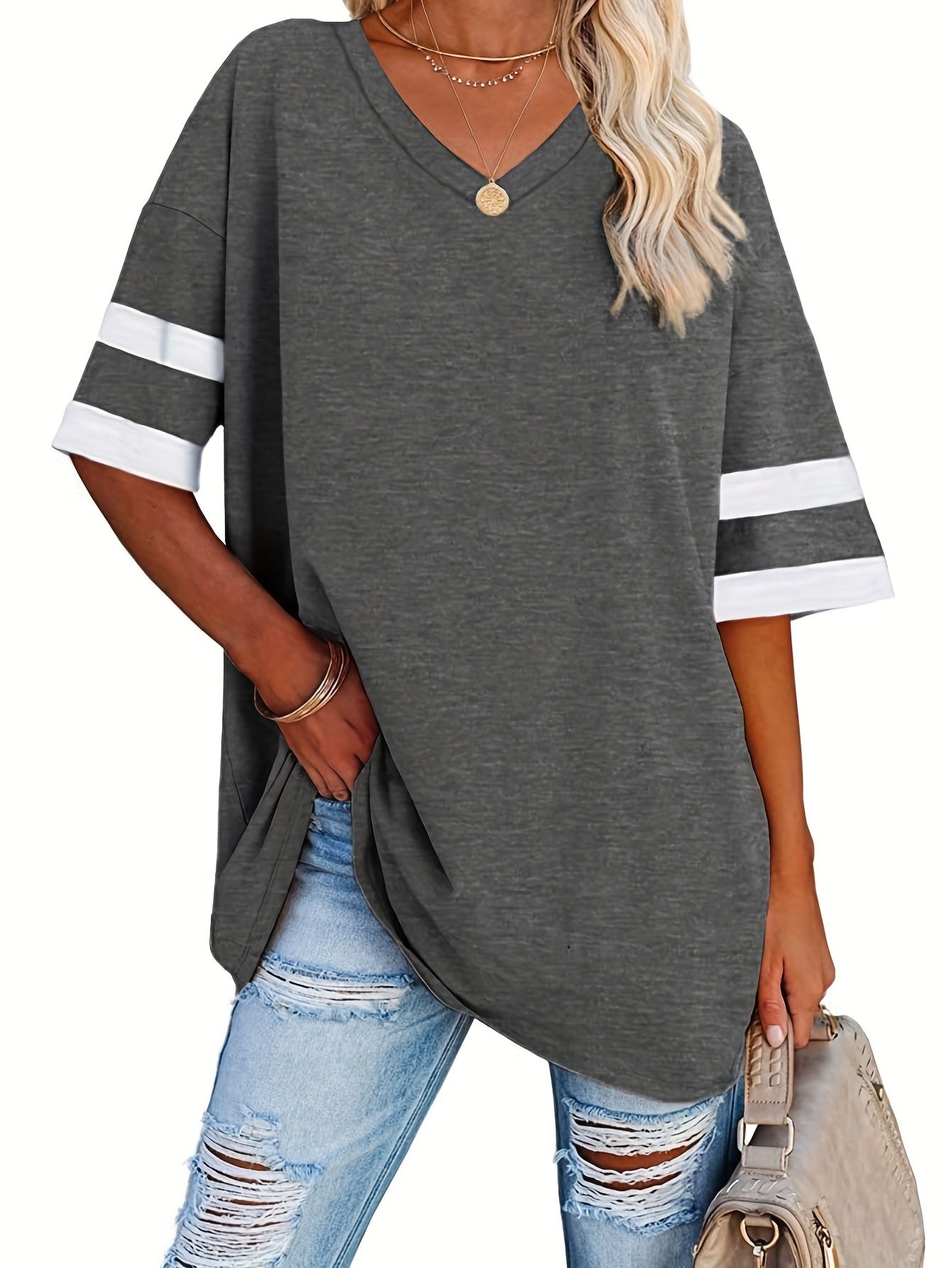 Plus Size Casual T-shirt, Women's Plus Colorblock Drop Shoulder Short Sleeve V Neck Slight Stretch Oversized T-shirt