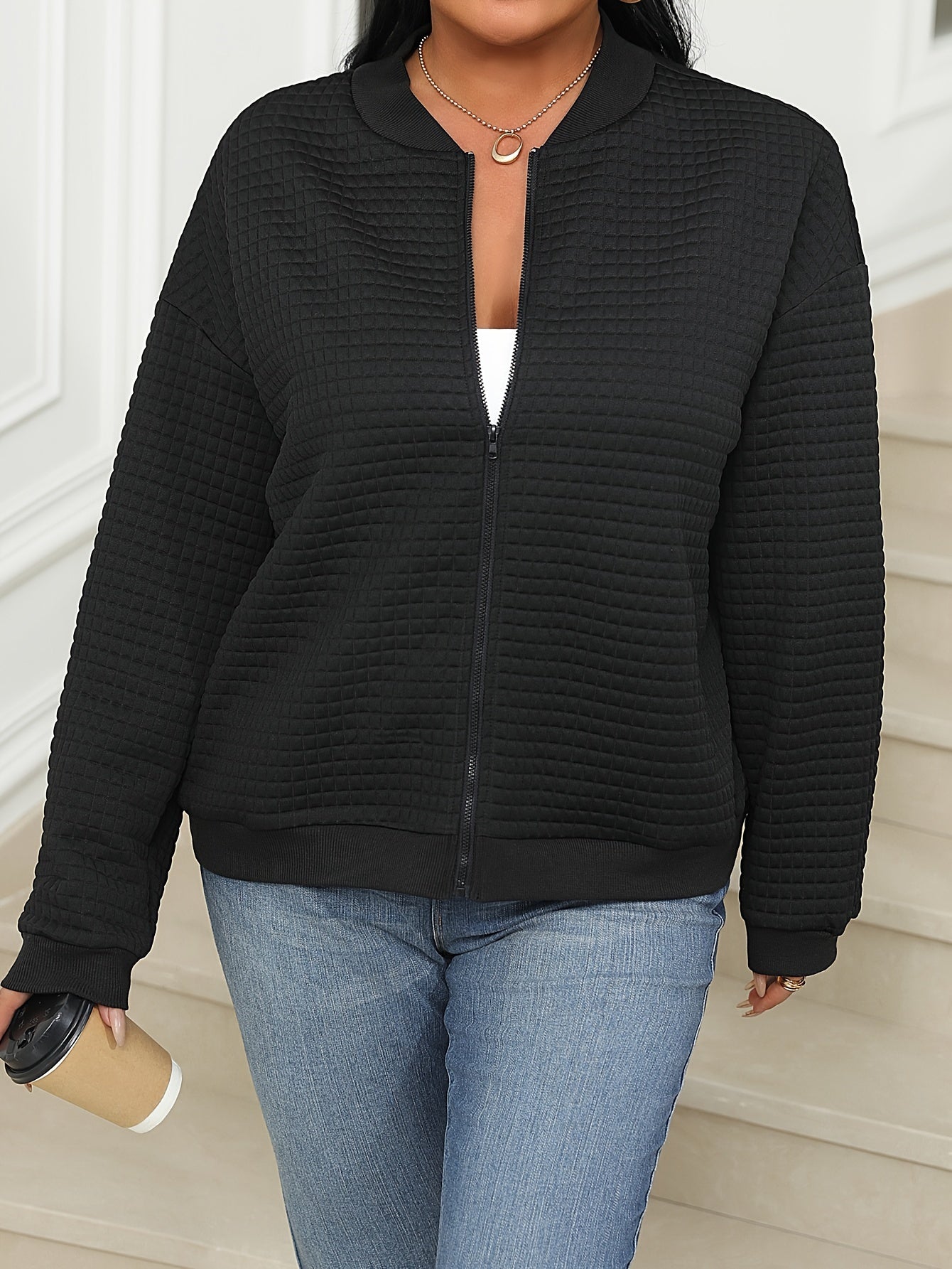 Plus Size Casual Jacket, Women's Plus Solid Textured Zipper Long Sleeve Slight Stretch Bomber Jacket