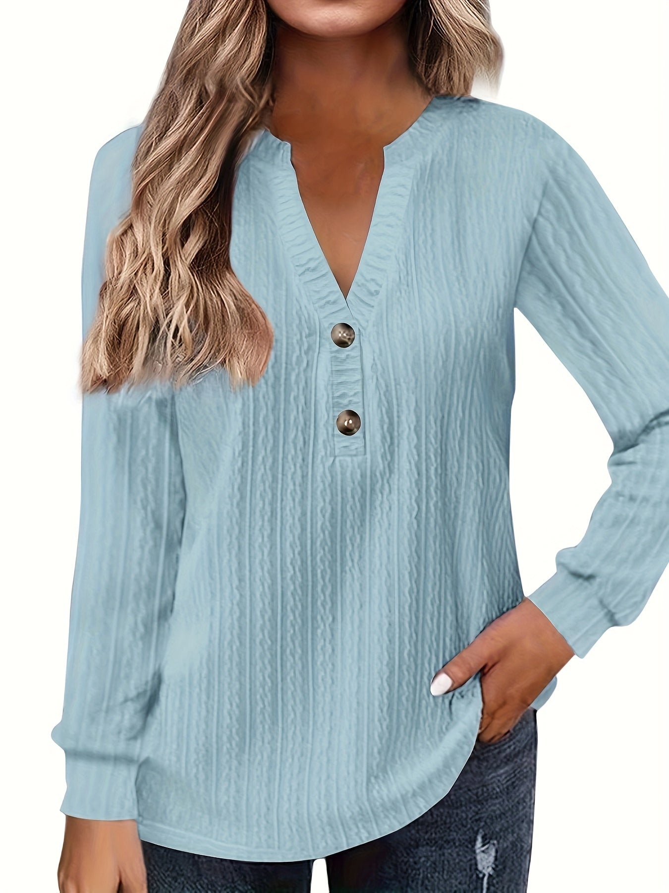 Plus Size Casual Top, Women's Plus Solid Cable Long Sleeve Button Decor V Neck Slight Stretch Top