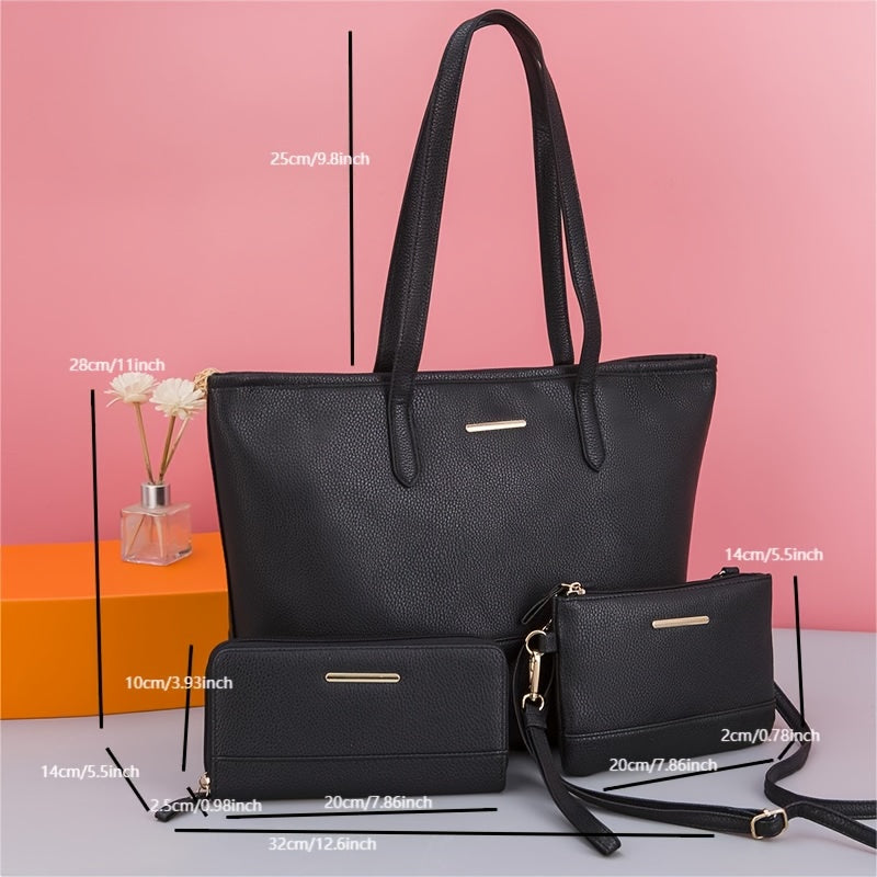 3Pcs Trendy Large Capacity Tote Bag Set, PU Leather Shoulder Bag & Crossbody Bag & Coin Purse, Perfect Women Bag Set For Daily Use